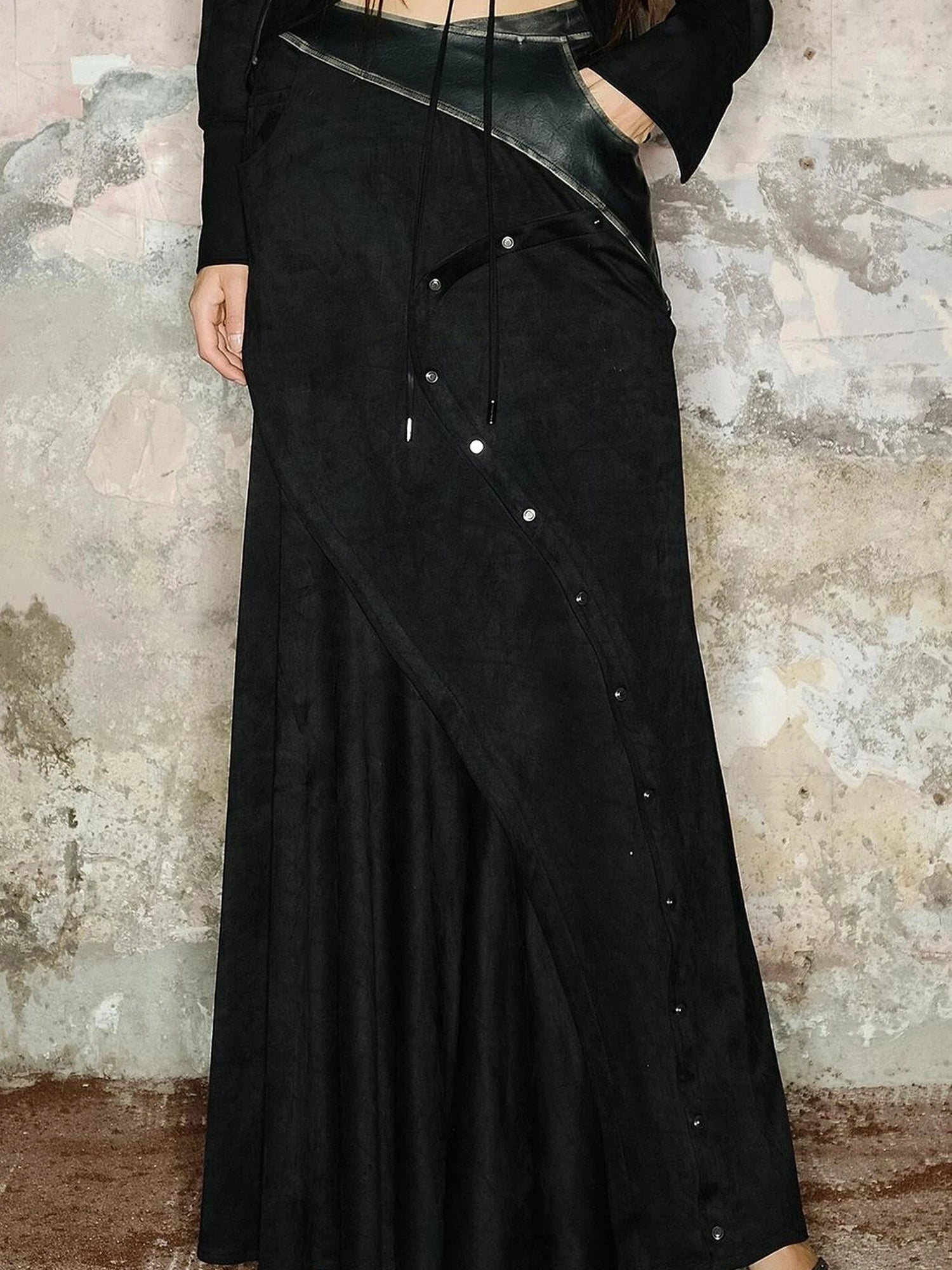 Faux Suede Midi Skirt With Pleated Panel