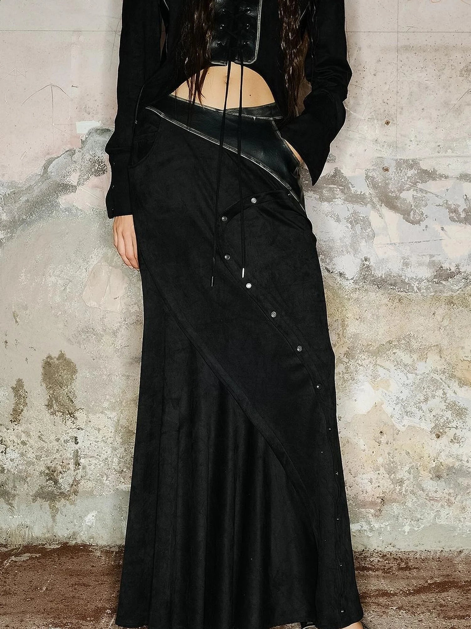 Faux Suede Midi Skirt With Pleated Panel