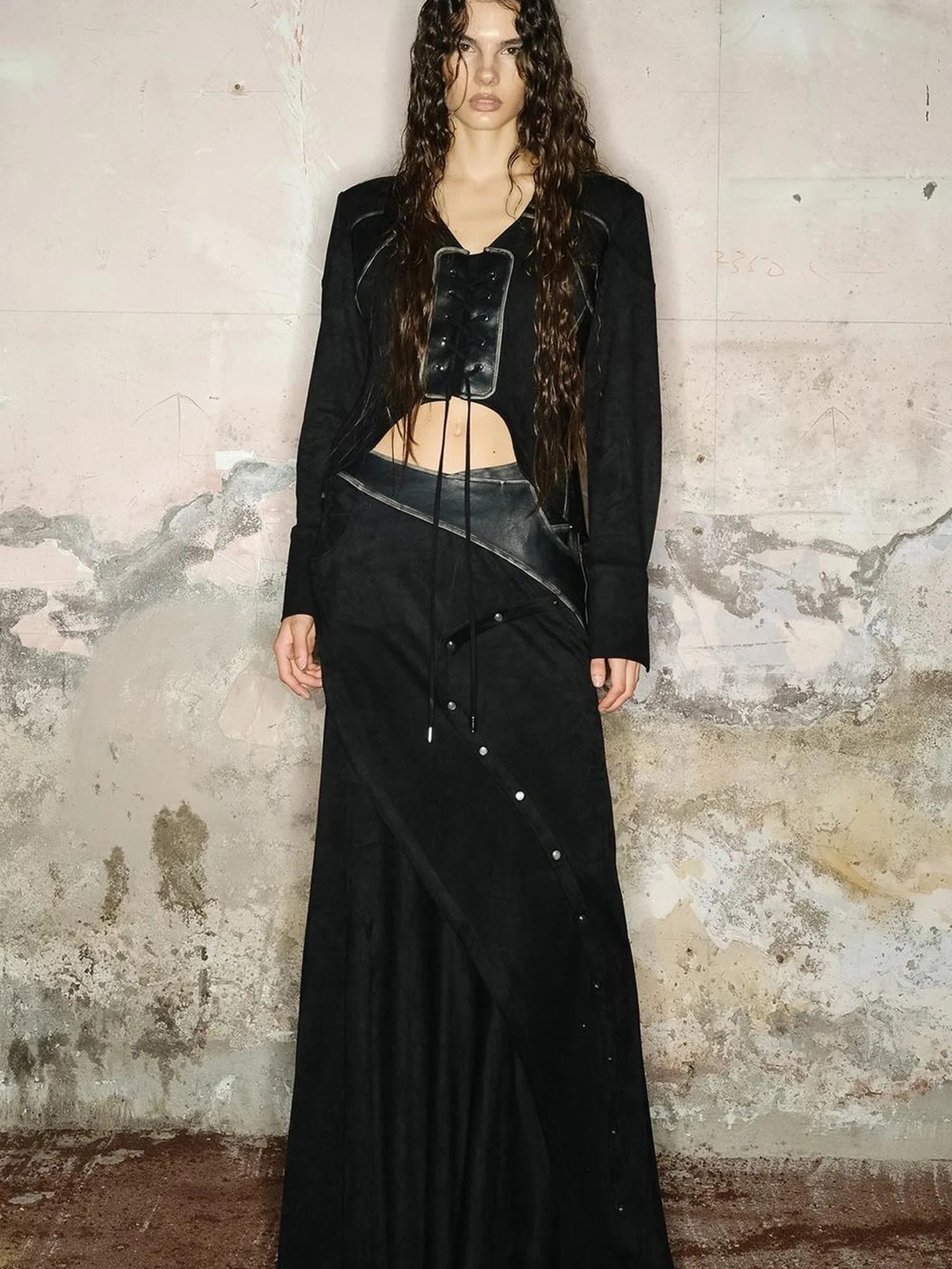 Faux Suede Midi Skirt With Pleated Panel