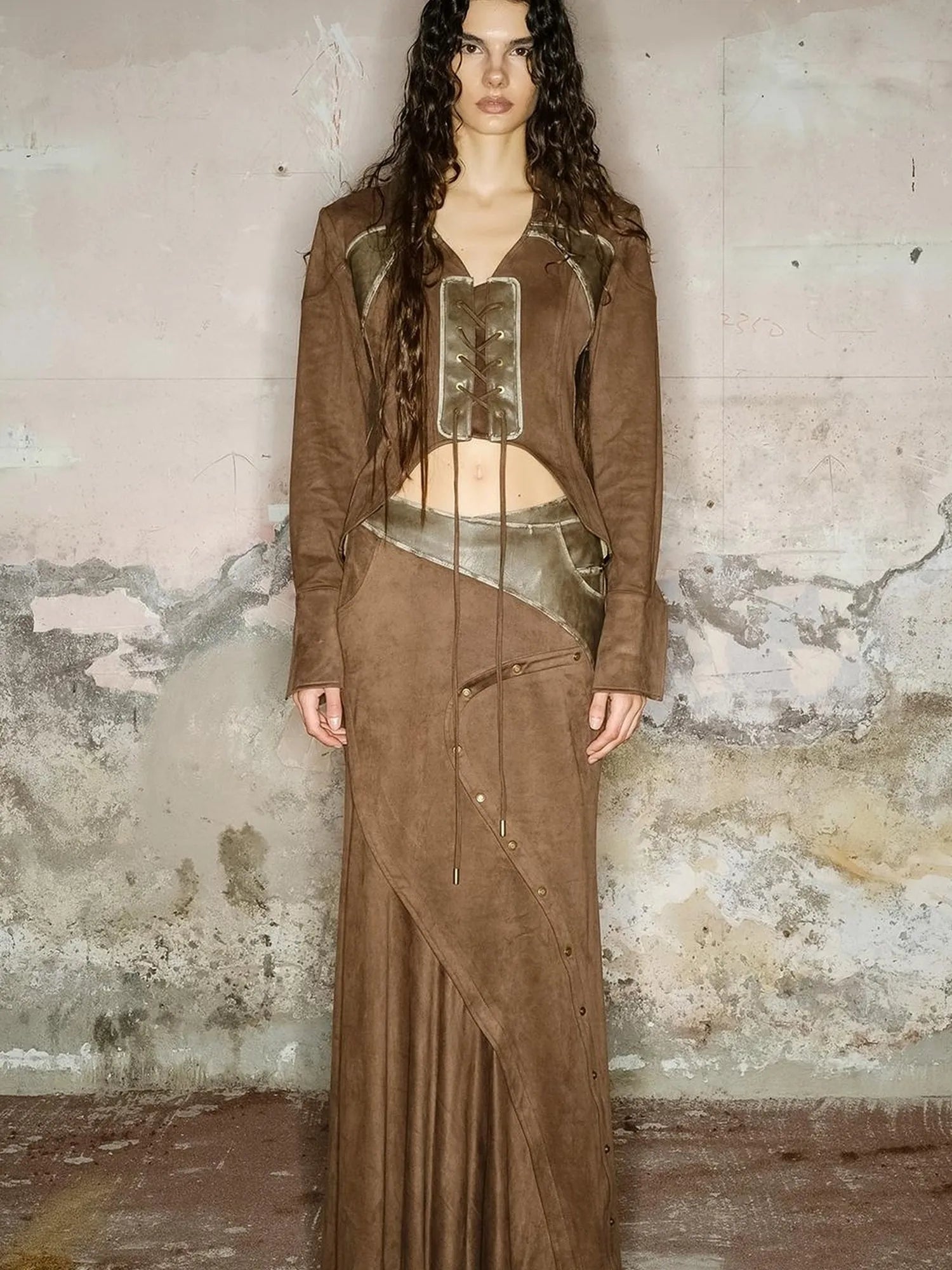 Faux Suede Midi Skirt With Pleated Panel