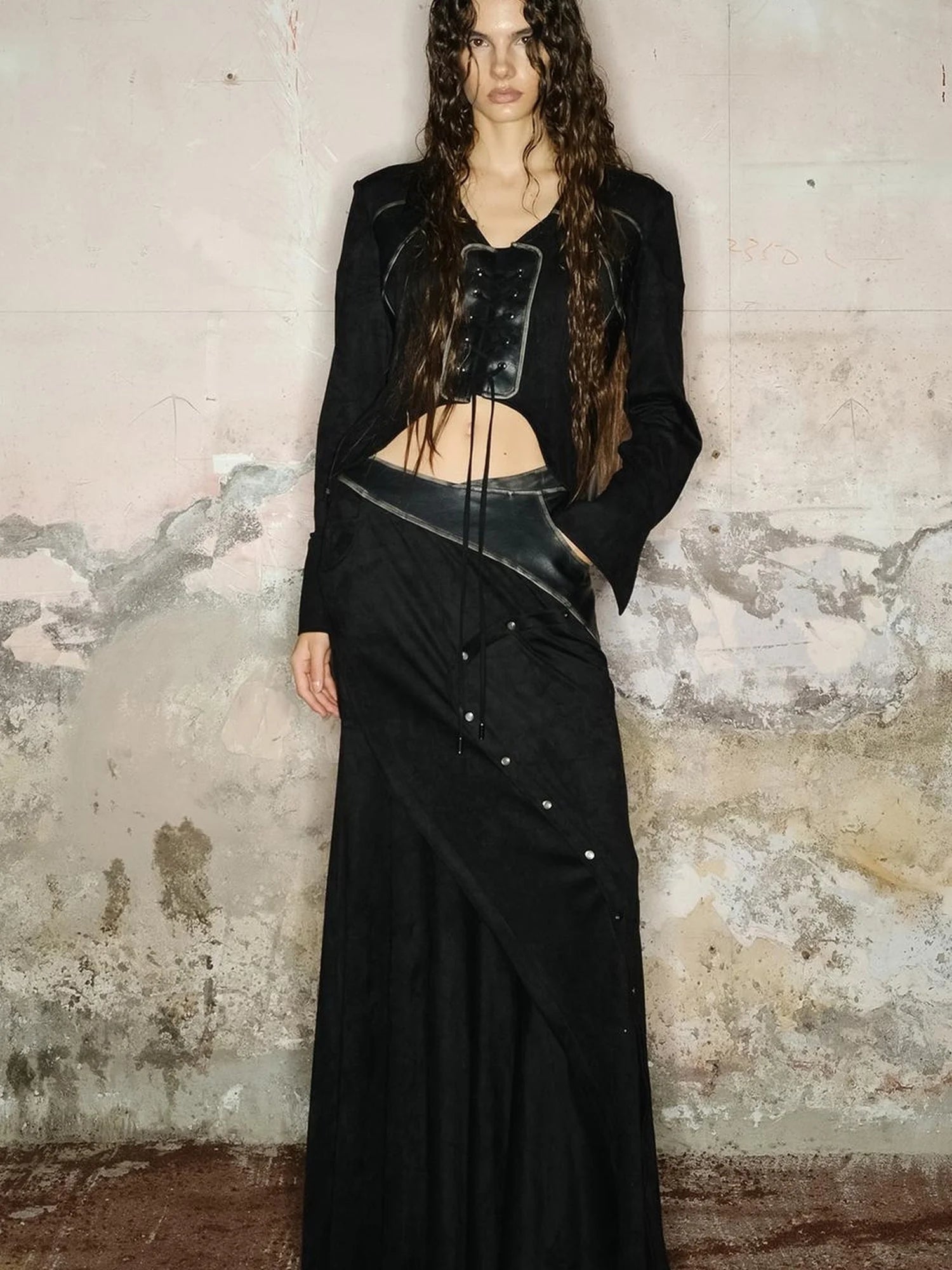 Faux Suede Midi Skirt With Pleated Panel