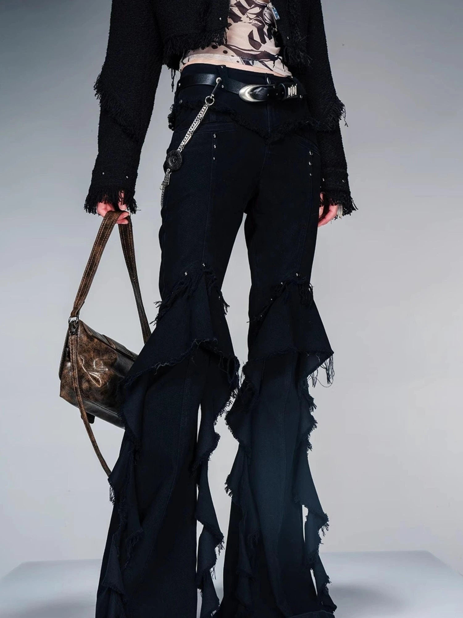 Flared Denim Pants With Asymmetrical Hem