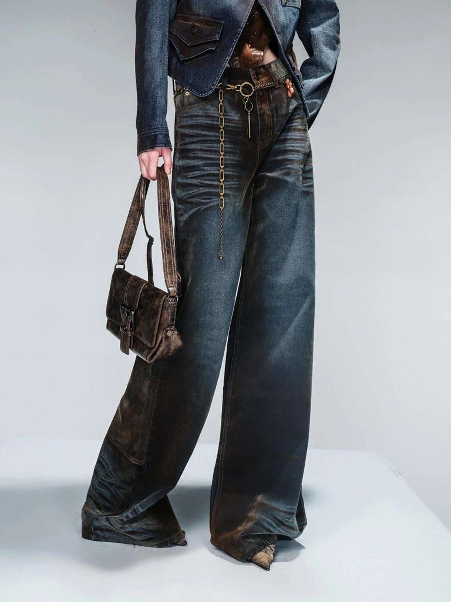 Flocked Fading Wide Leg Jeans With Metallic Accents