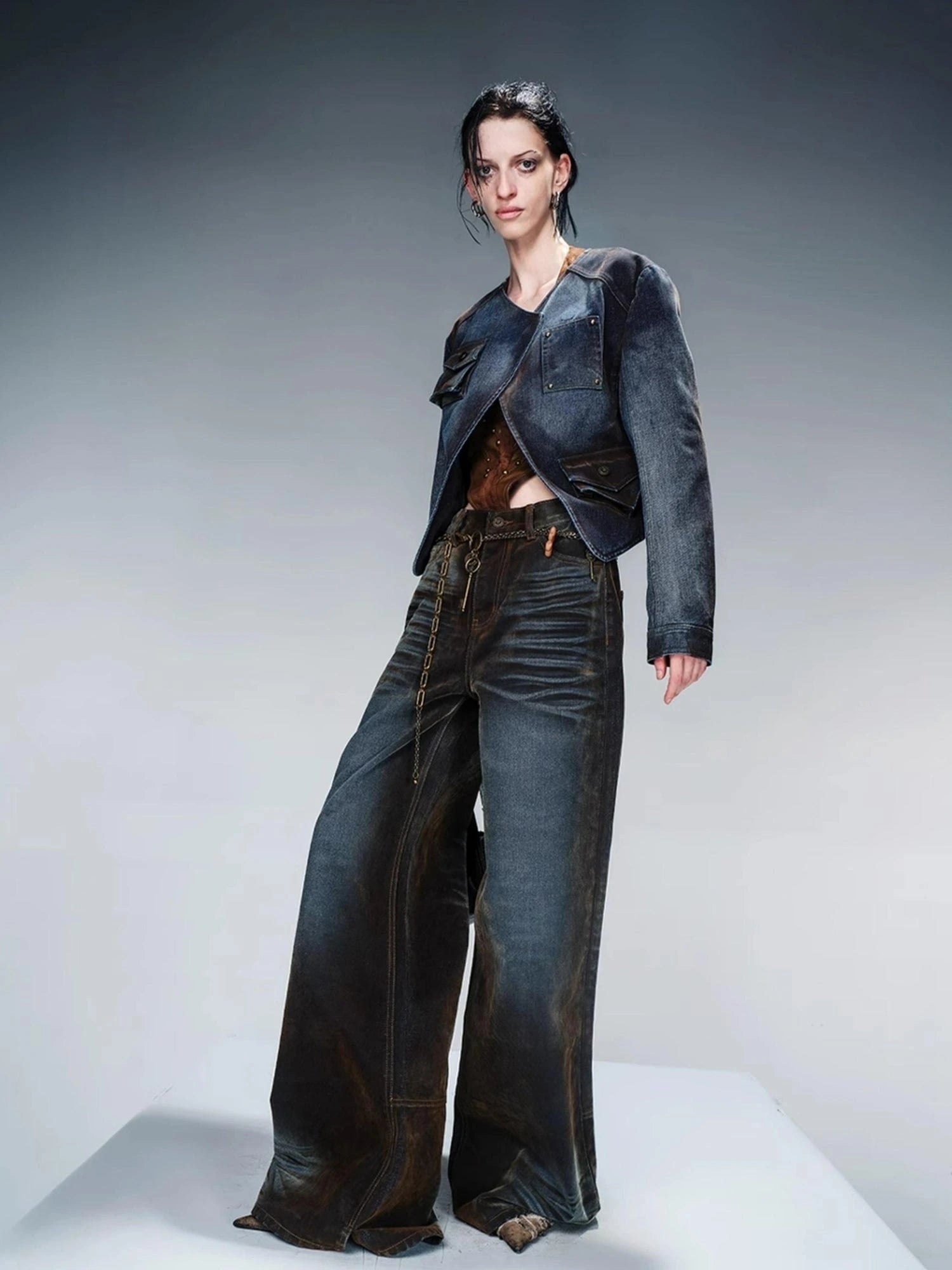 Flocked Fading Wide Leg Jeans With Metallic Accents