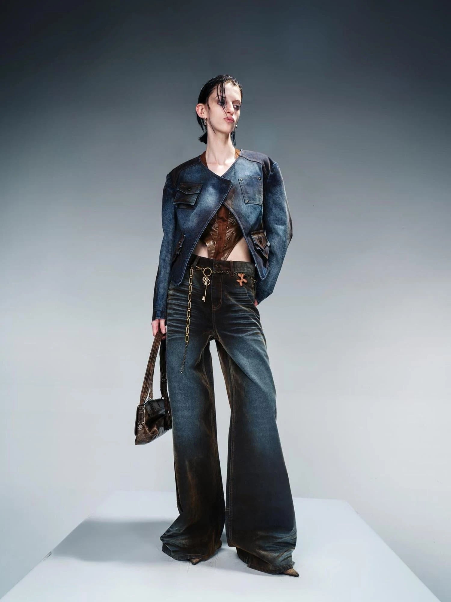 Flocked Fading Wide Leg Jeans With Metallic Accents