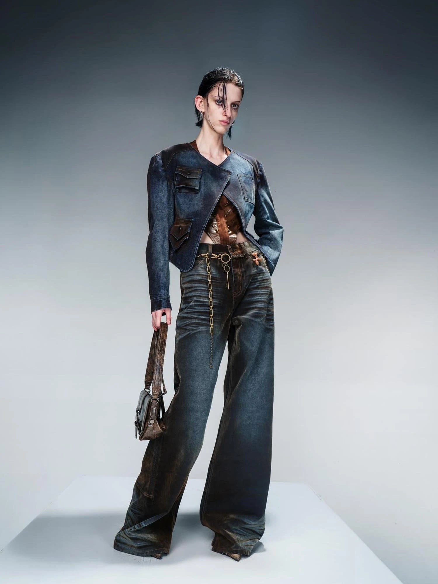 Flocked Fading Wide Leg Jeans With Metallic Accents