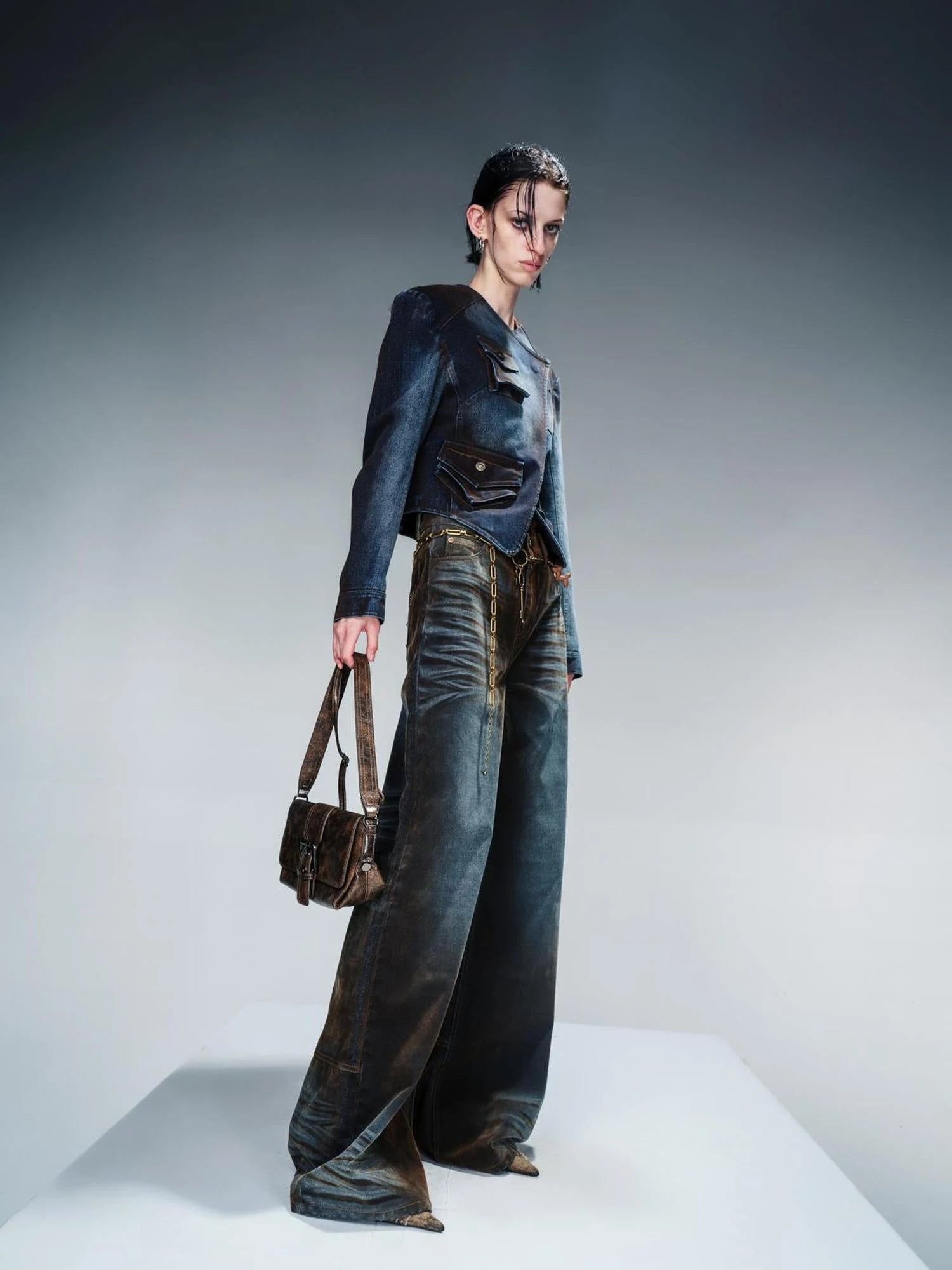 Flocked Fading Wide Leg Jeans With Metallic Accents
