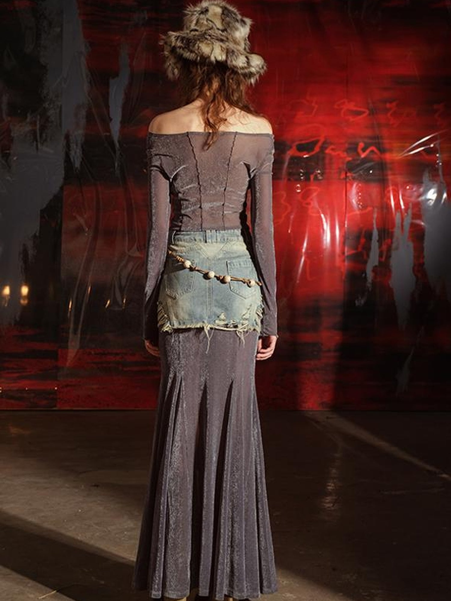 UpdateNN NORTH NODE Flocked Mesh Denim Off Shoulder Top Skirt Set
