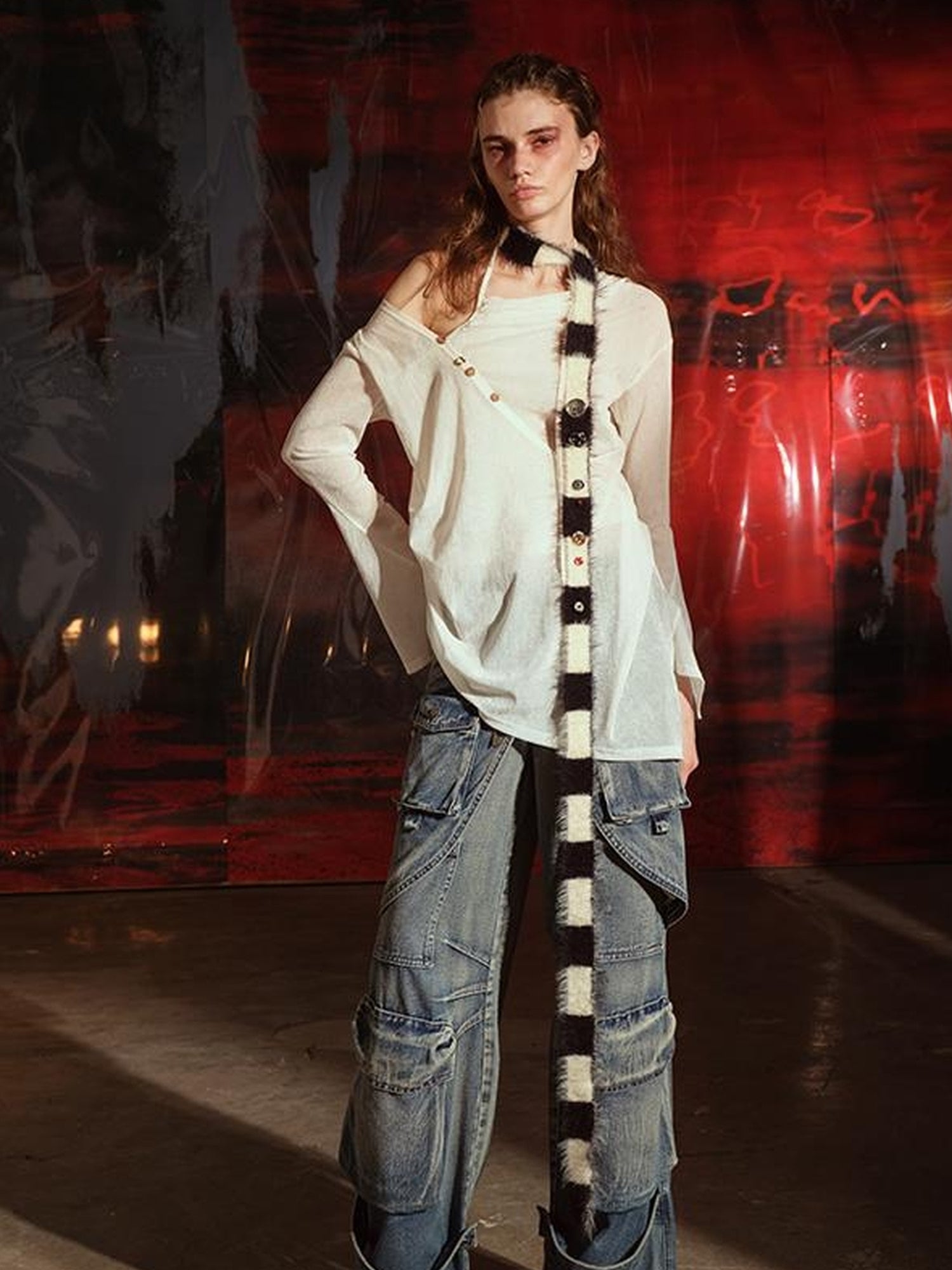 UpdateNN NORTH NODE Flocked Mesh Top With Multi Way Wear Colorful Details V-neck T-shirt Long Sleeve