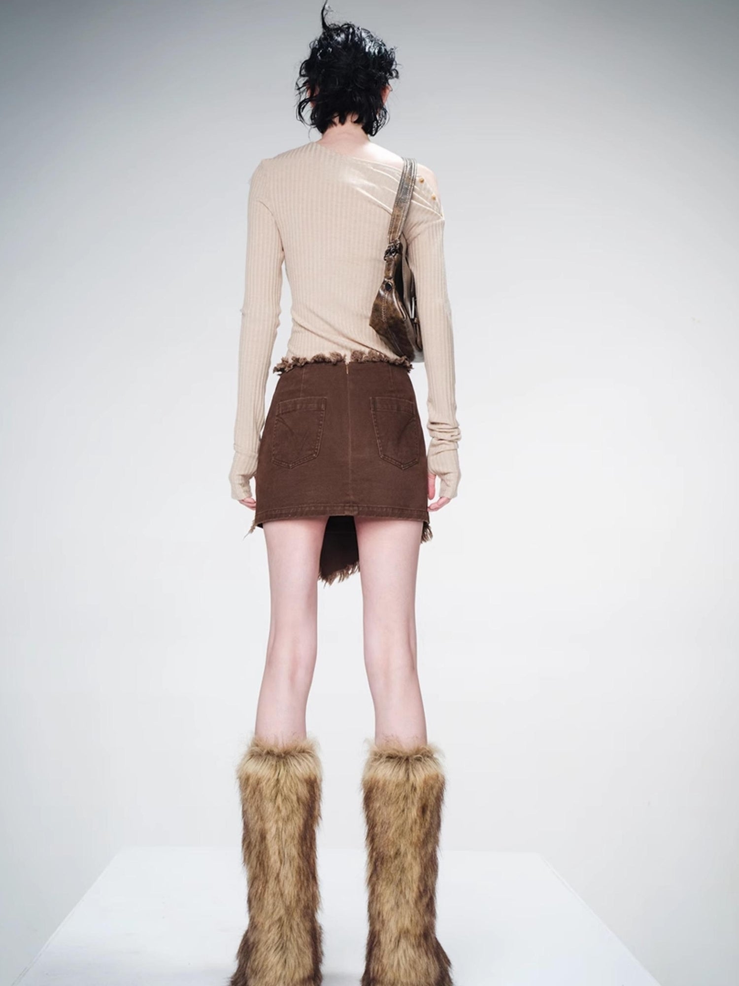 NN NORTH NODE Frayed Denim Asymmetrical Hem Skirt