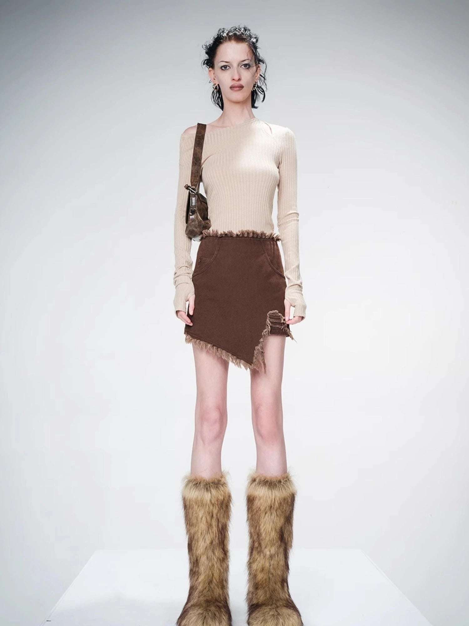 Frayed Denim Asymmetrical Hem Skirt