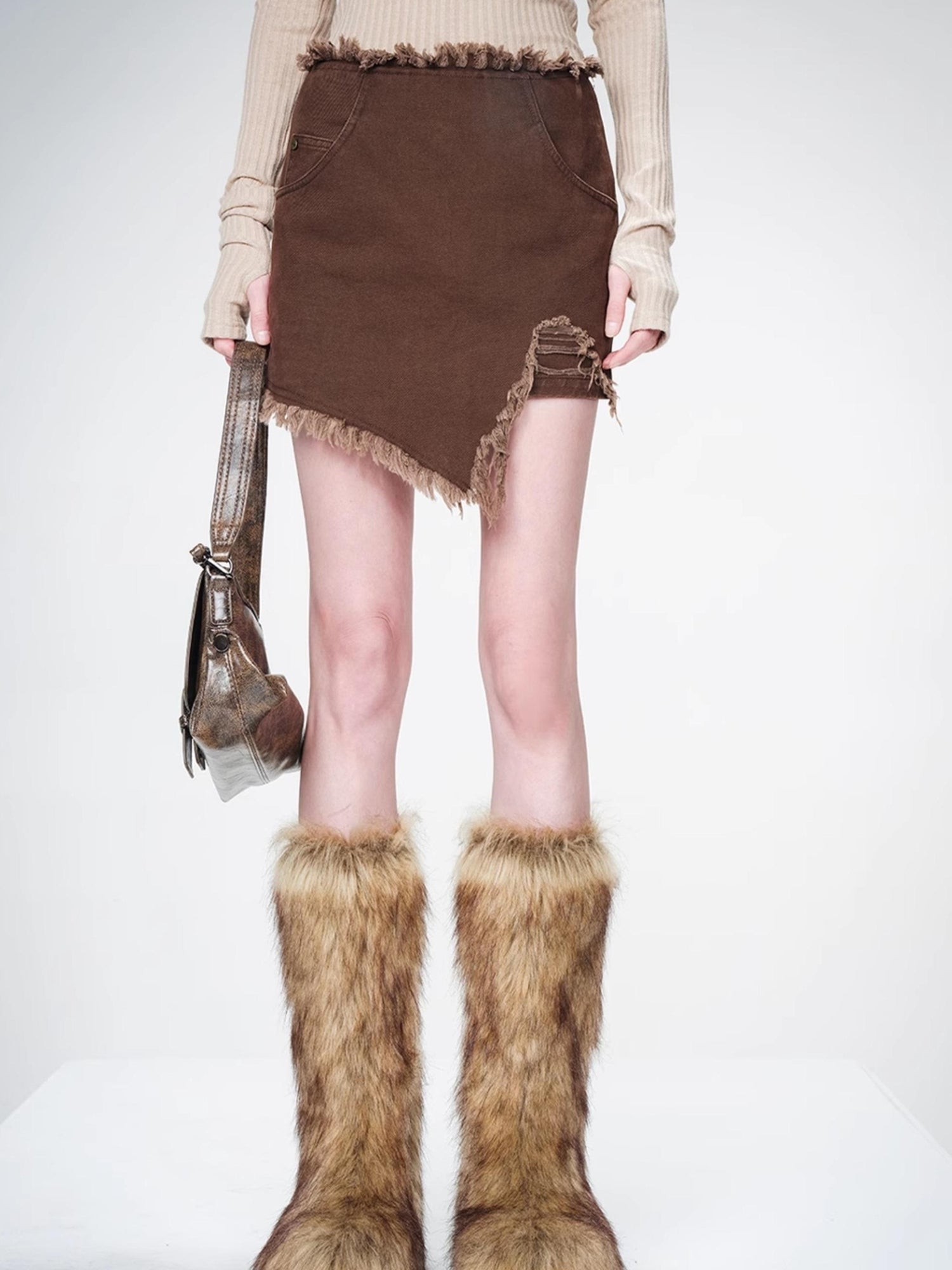 NN NORTH NODE Frayed Denim Asymmetrical Hem Skirt