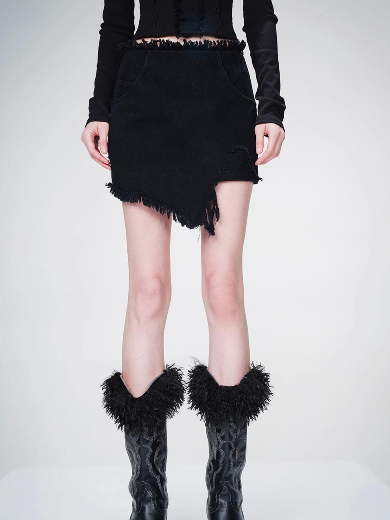 NN NORTH NODE Frayed Denim Asymmetrical Hem Skirt