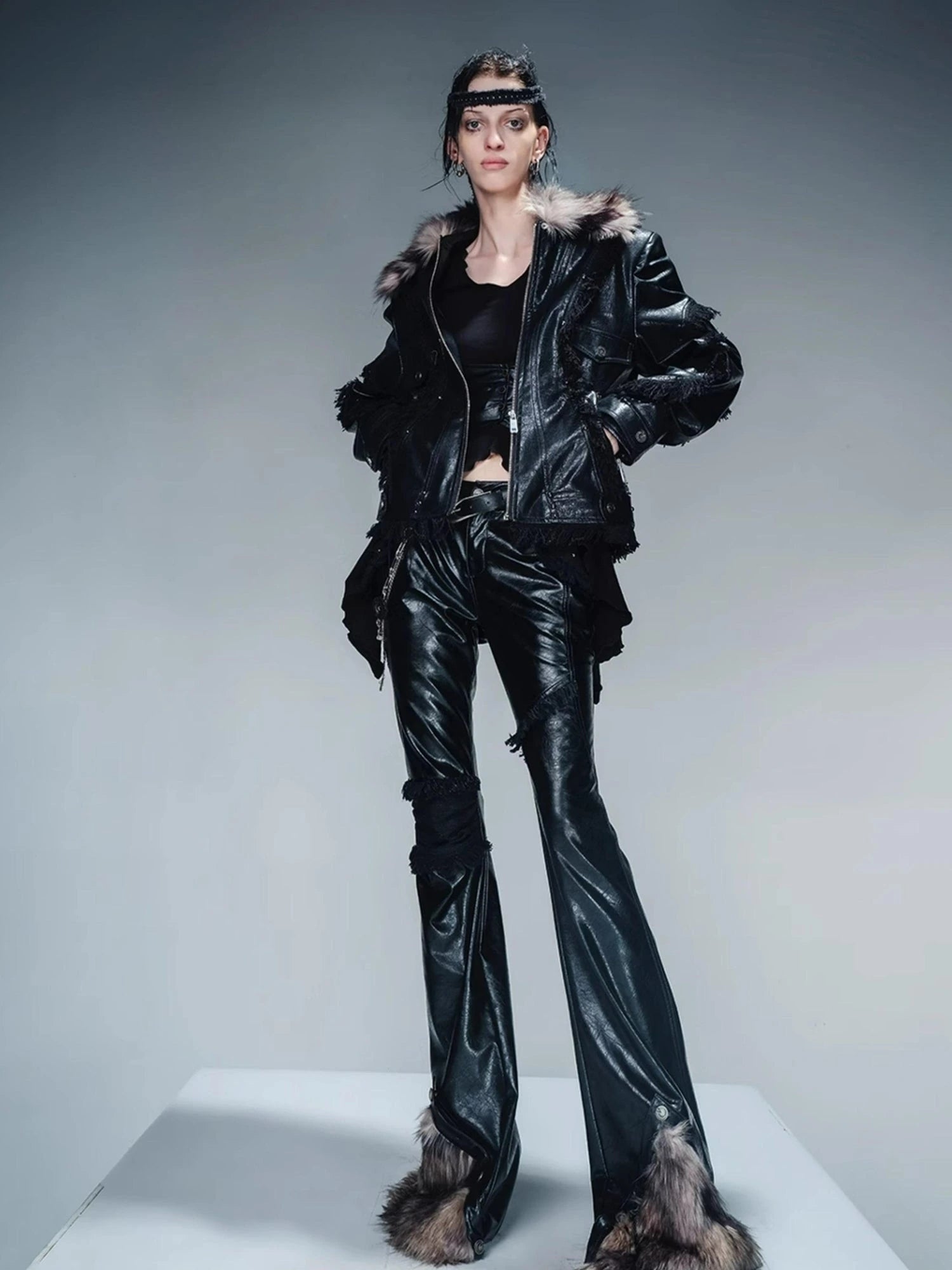 Frayed Hem Flared Leather Pants with Detachable Fur Trim