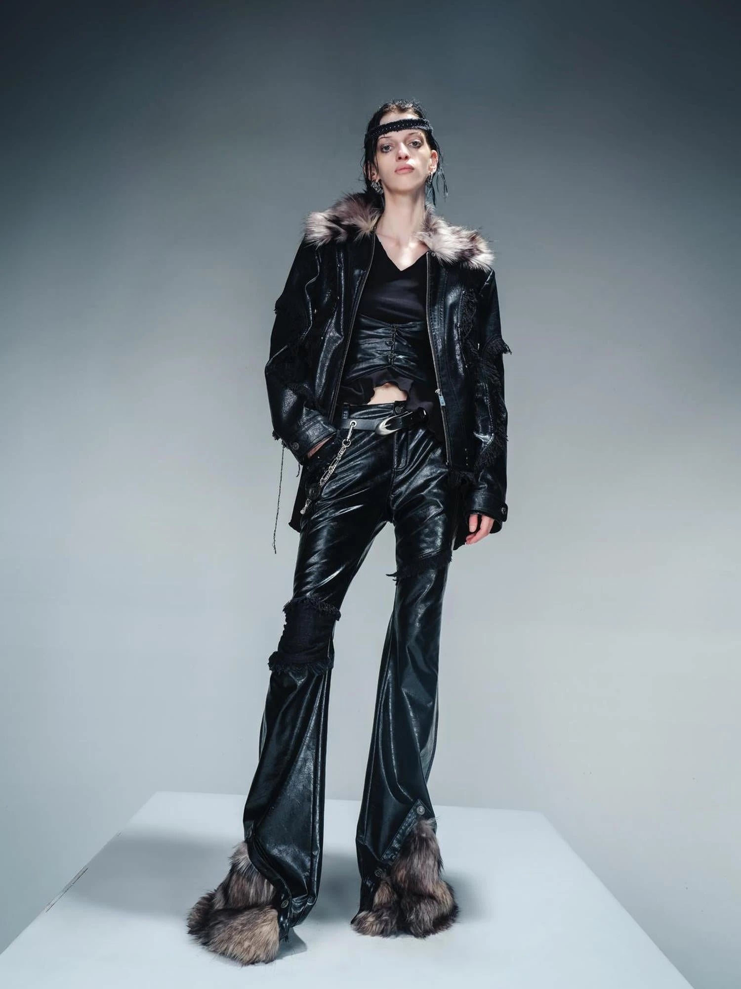 Frayed Hem Flared Leather Pants with Detachable Fur Trim