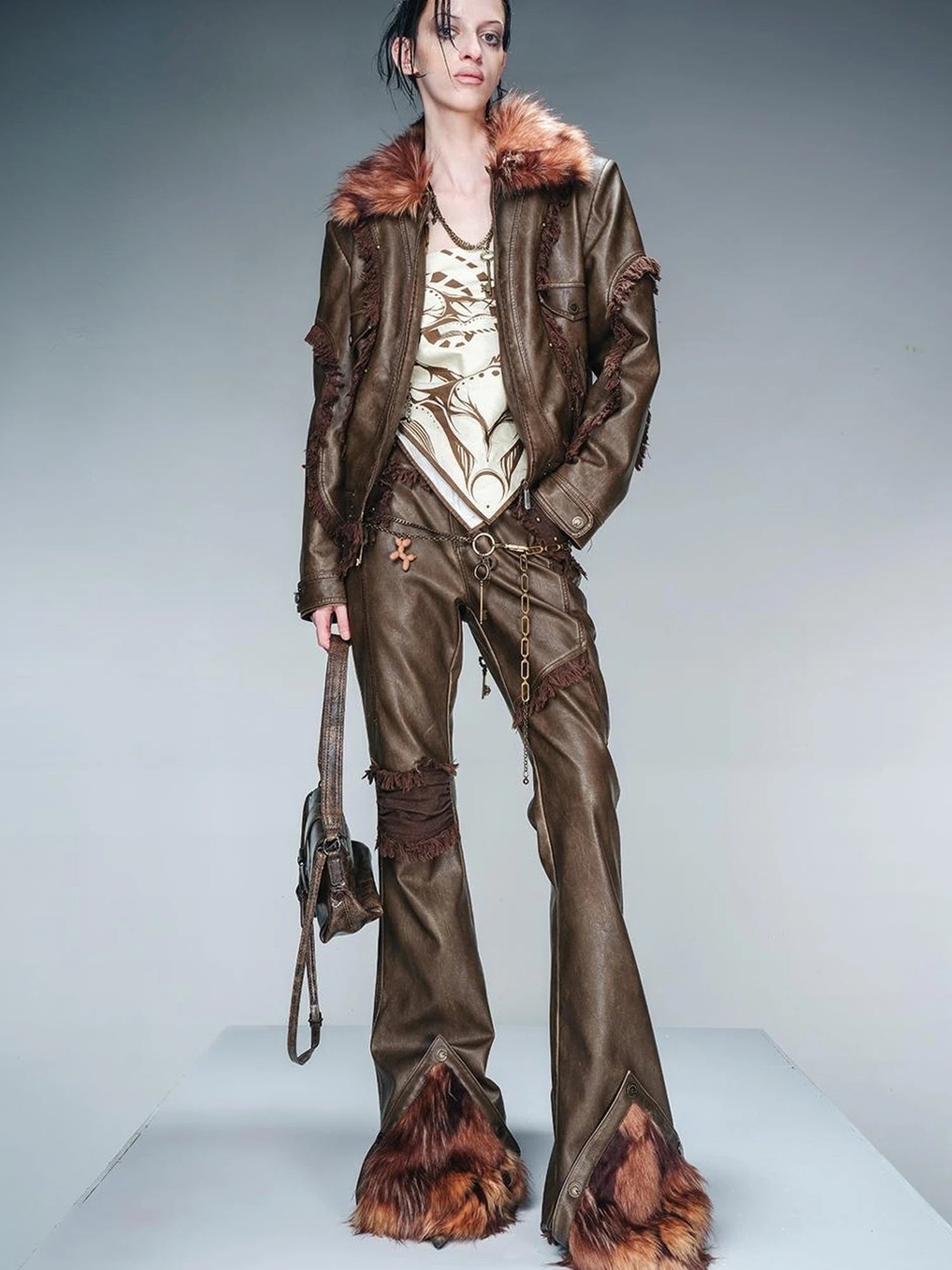 Frayed Hem Flared Leather Pants with Detachable Fur Trim