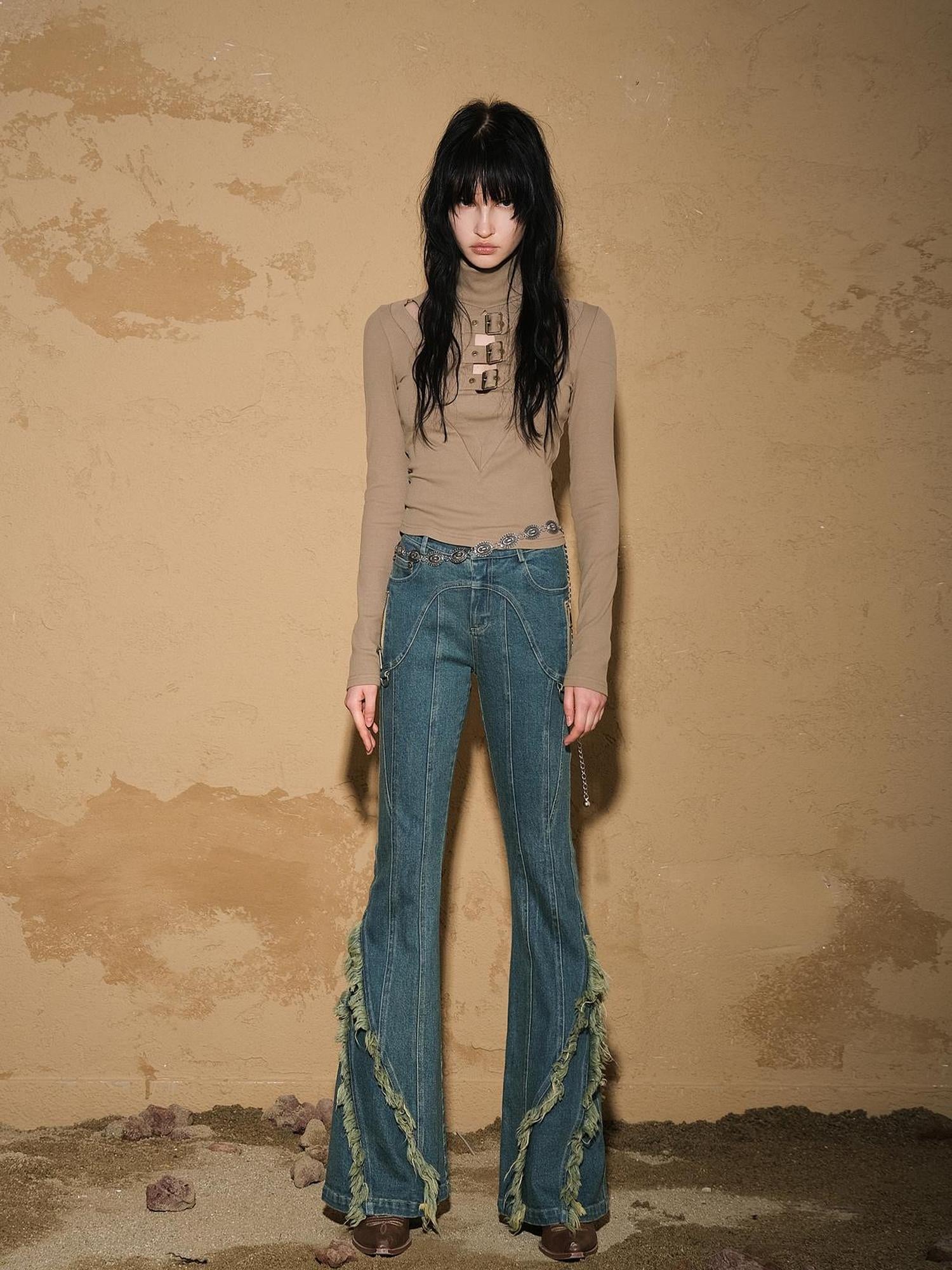 UpdateNN NORTH NODE Fringed Hem Flared Denim Pants