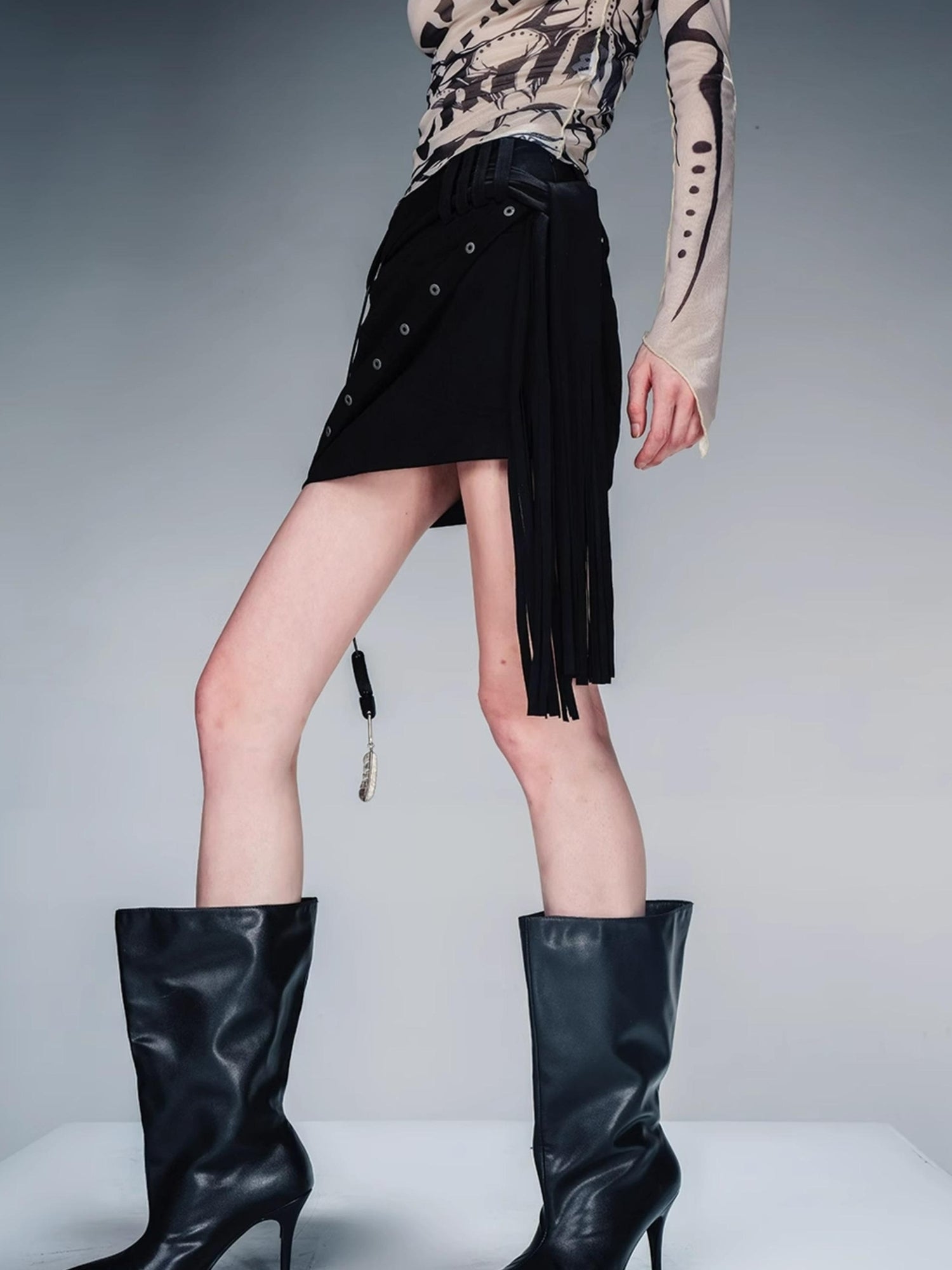 NN NORTH NODE Fringed Suspender Mini Skirt With Flowy Tassel Waist
