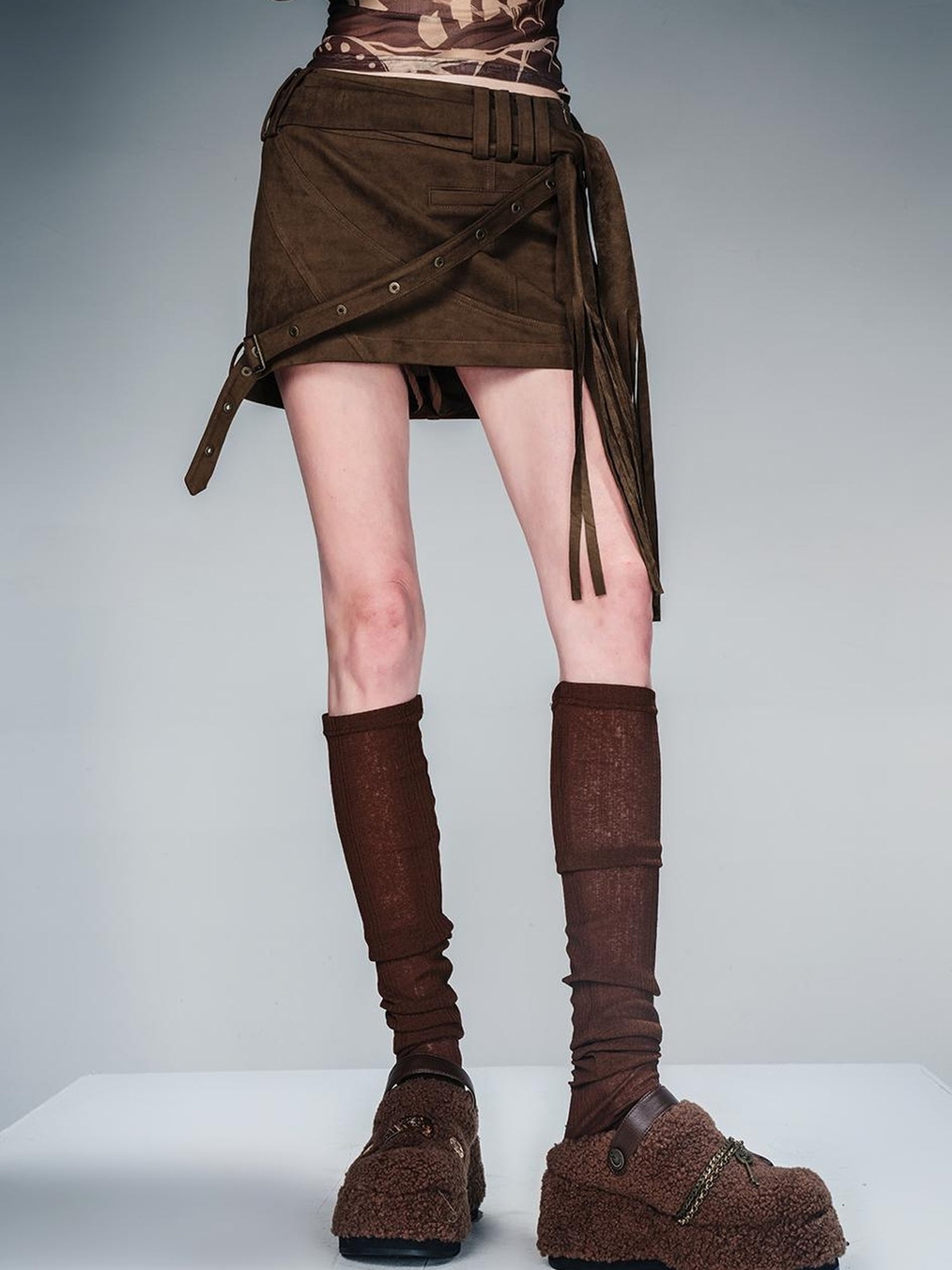 NN NORTH NODE Fringed Suspender Mini Skirt With Flowy Tassel Waist