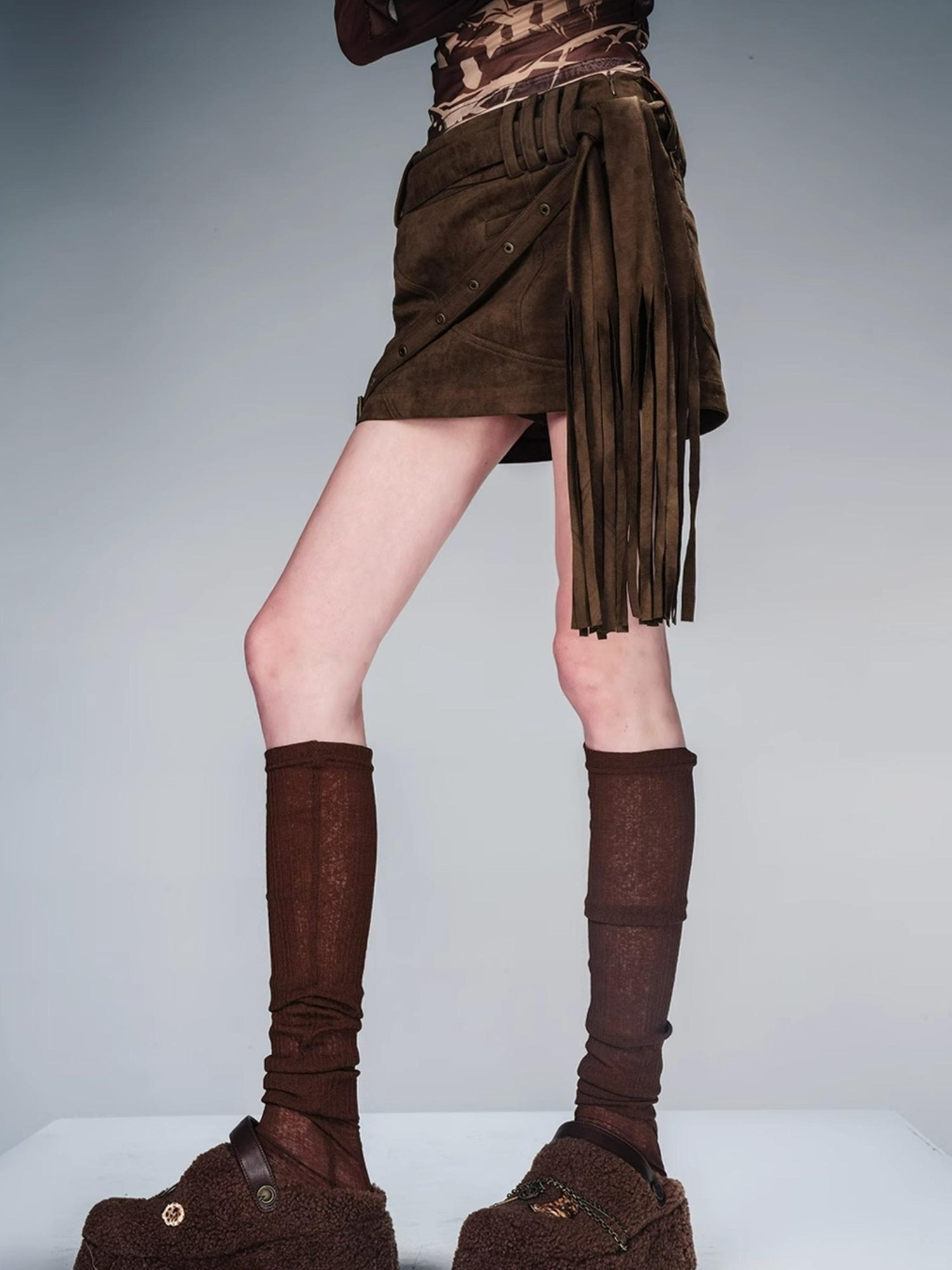 NN NORTH NODE Fringed Suspender Mini Skirt With Flowy Tassel Waist