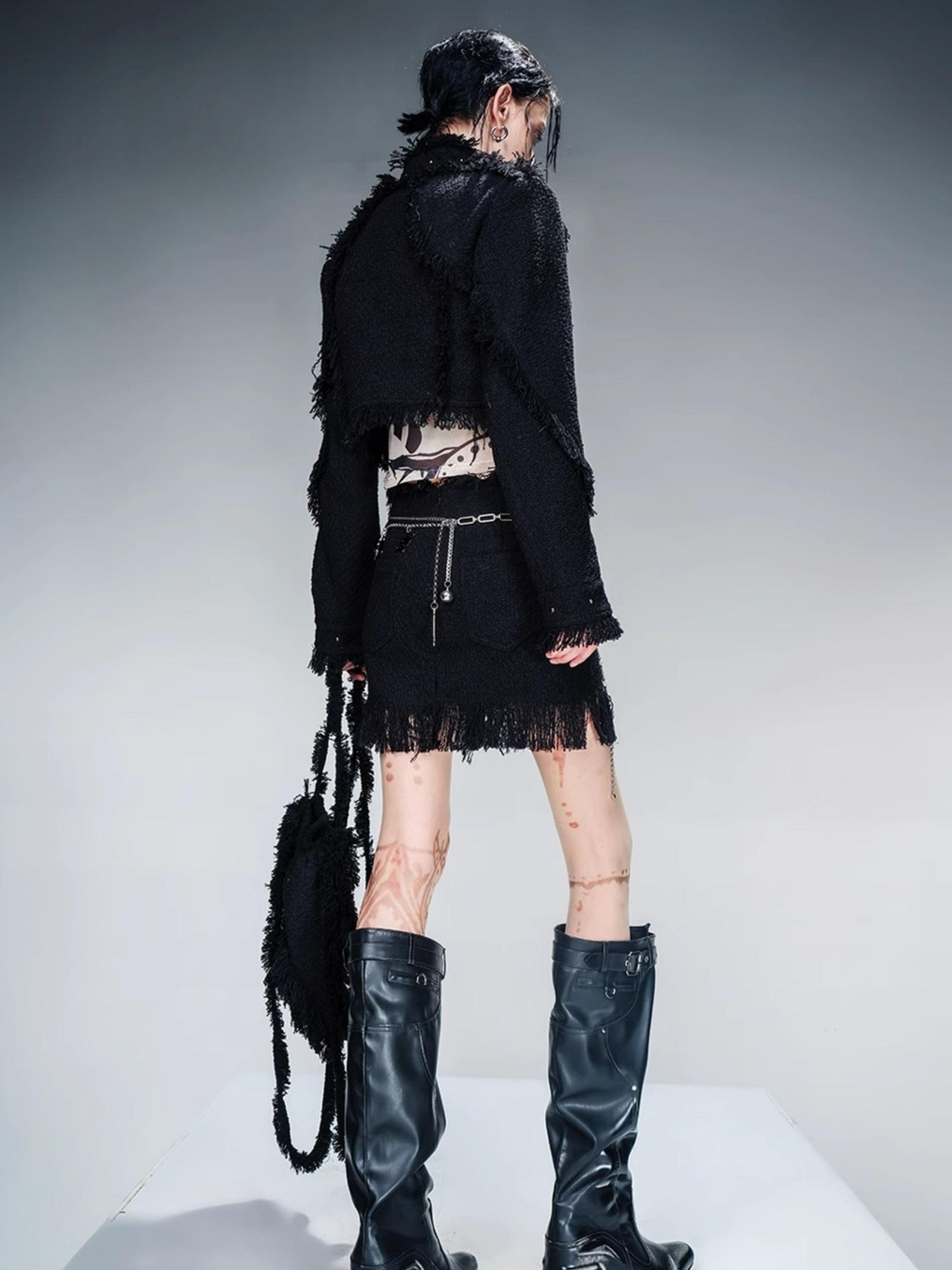 NN NORTH NODE Fringed Tweed Set Edgy Jacket Asymmetric Skirt
