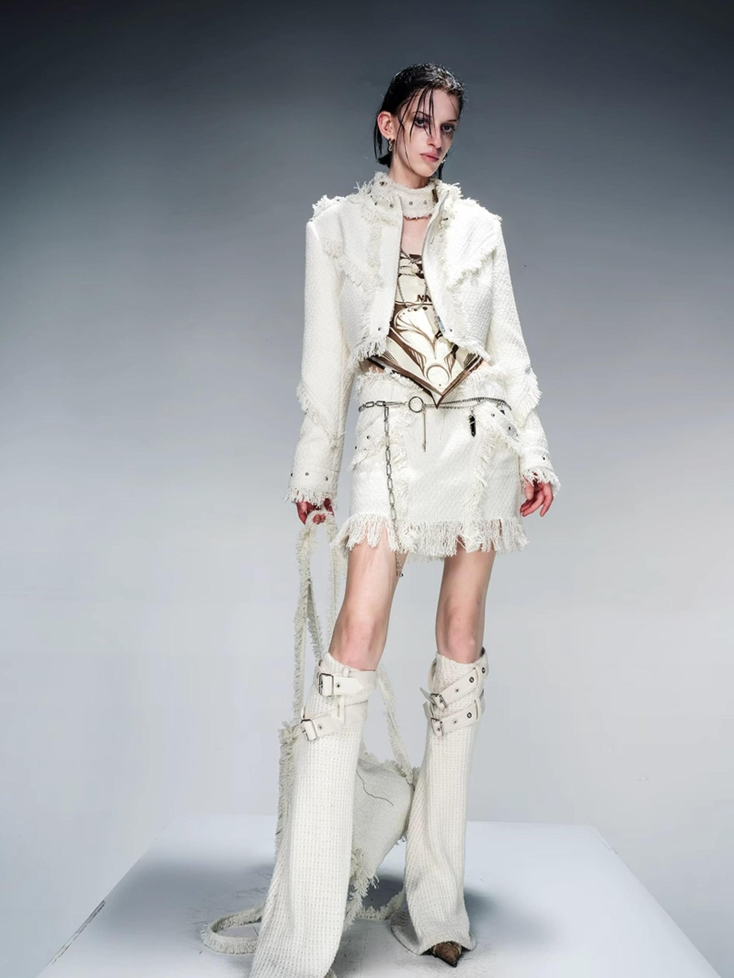 NN NORTH NODE Fringed Tweed Set Edgy Jacket Asymmetric Skirt