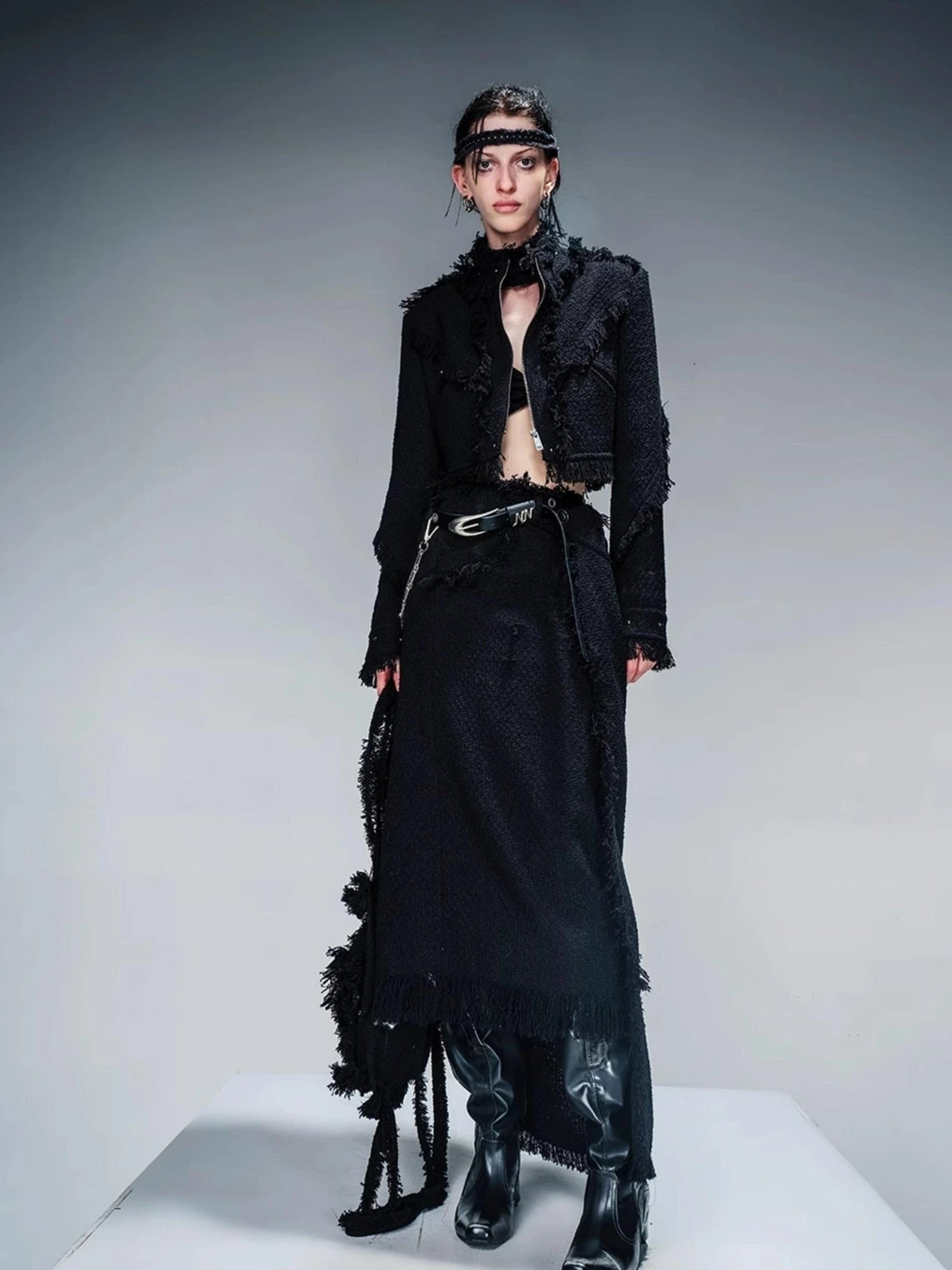 Fringed Tweed Set Edgy Jacket Asymmetric Skirt