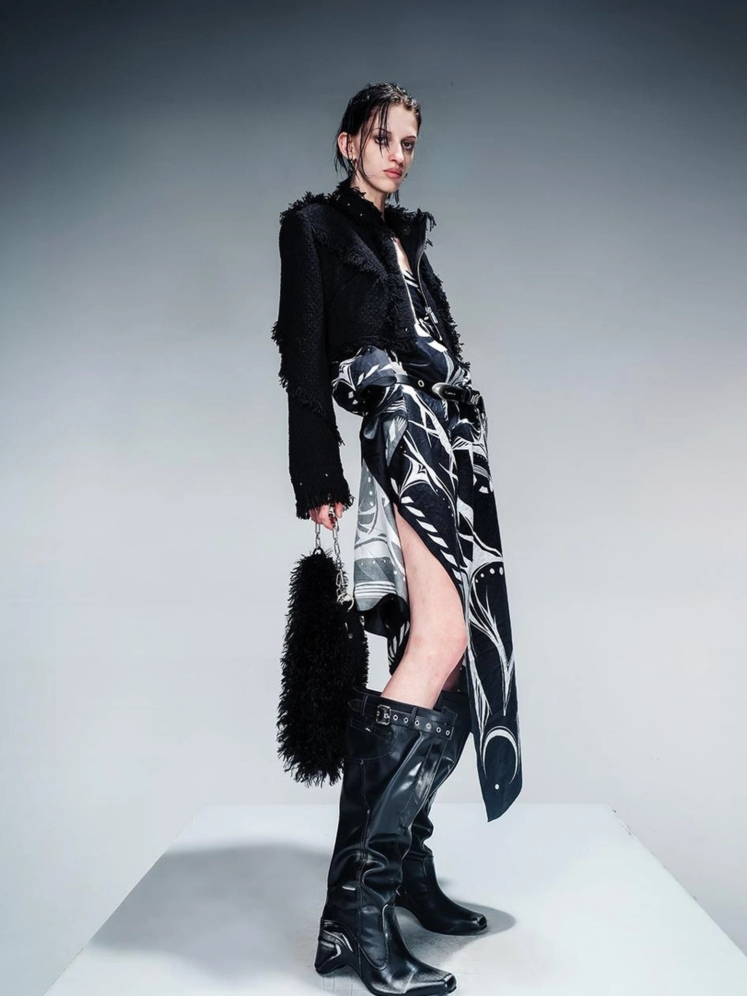 Fringed Tweed Set Edgy Jacket Asymmetric Skirt