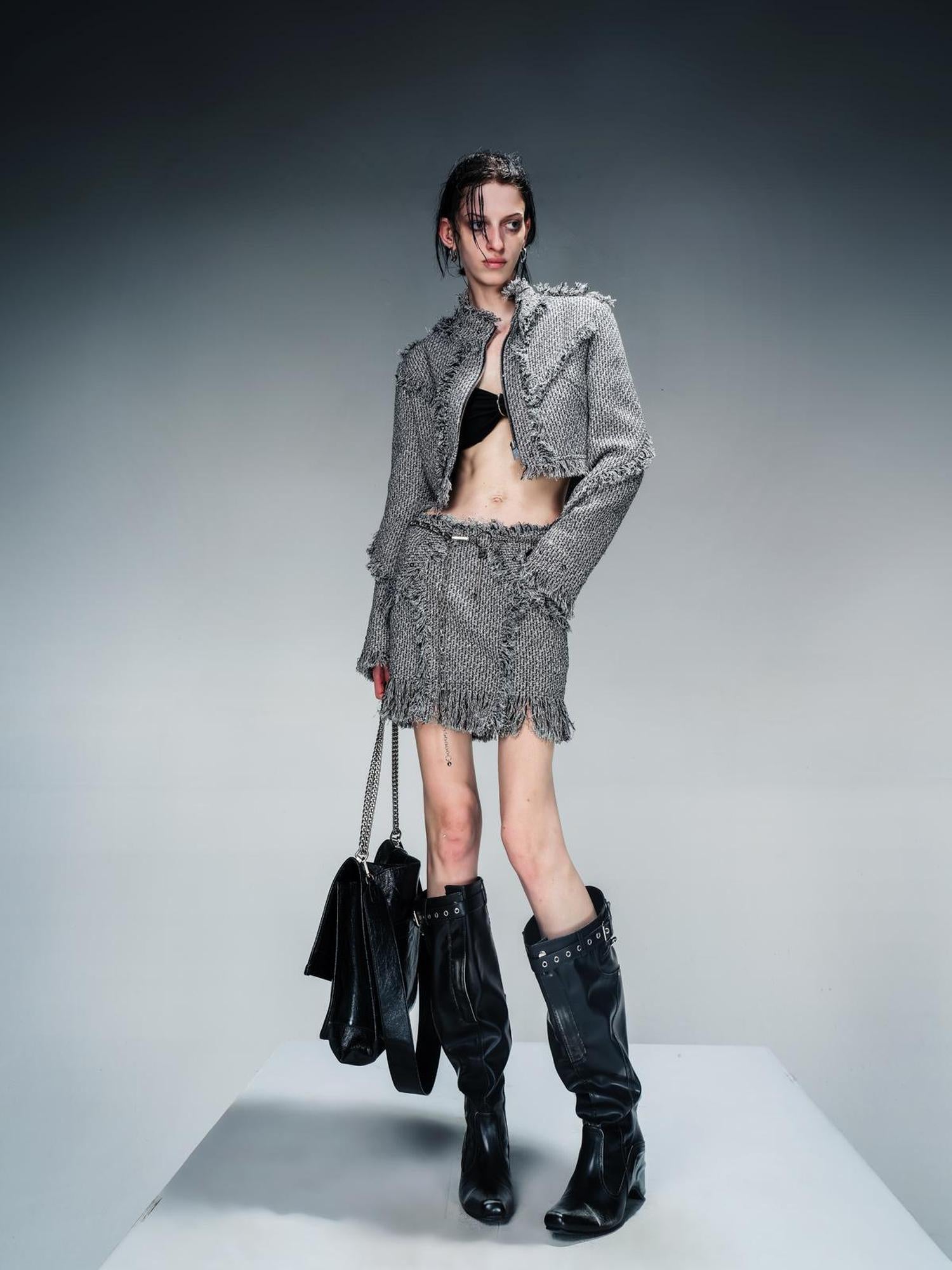 NN NORTH NODE Fringed Tweed Set Edgy Jacket Asymmetric Skirt