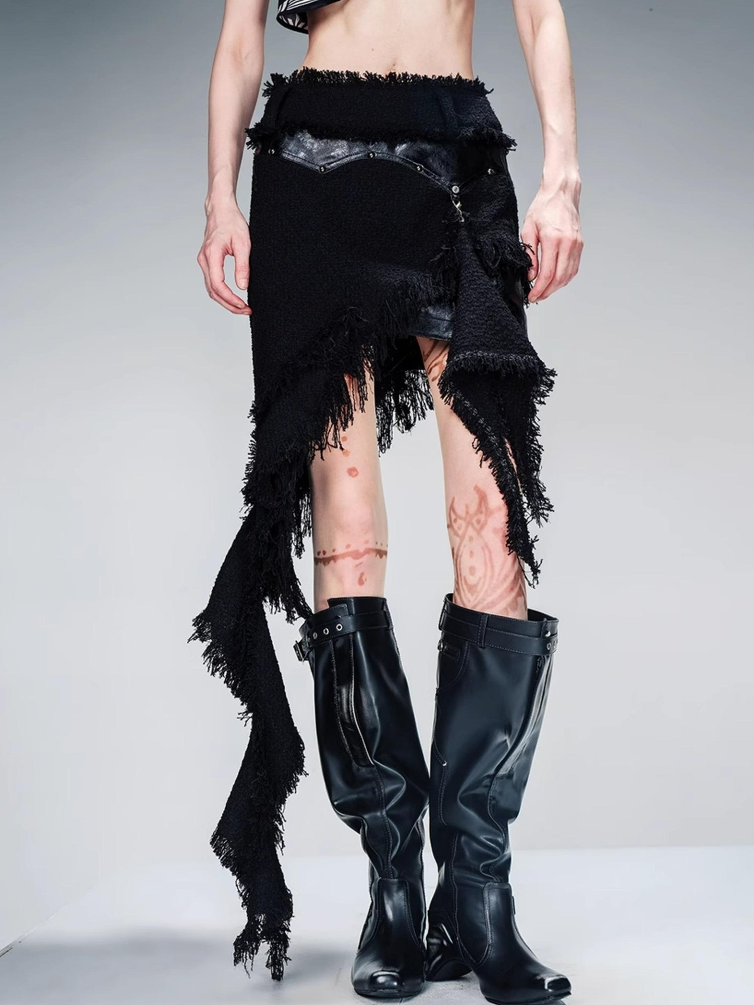 NN NORTH NODE Fringed Tweed Set Edgy Jacket Asymmetric Skirt