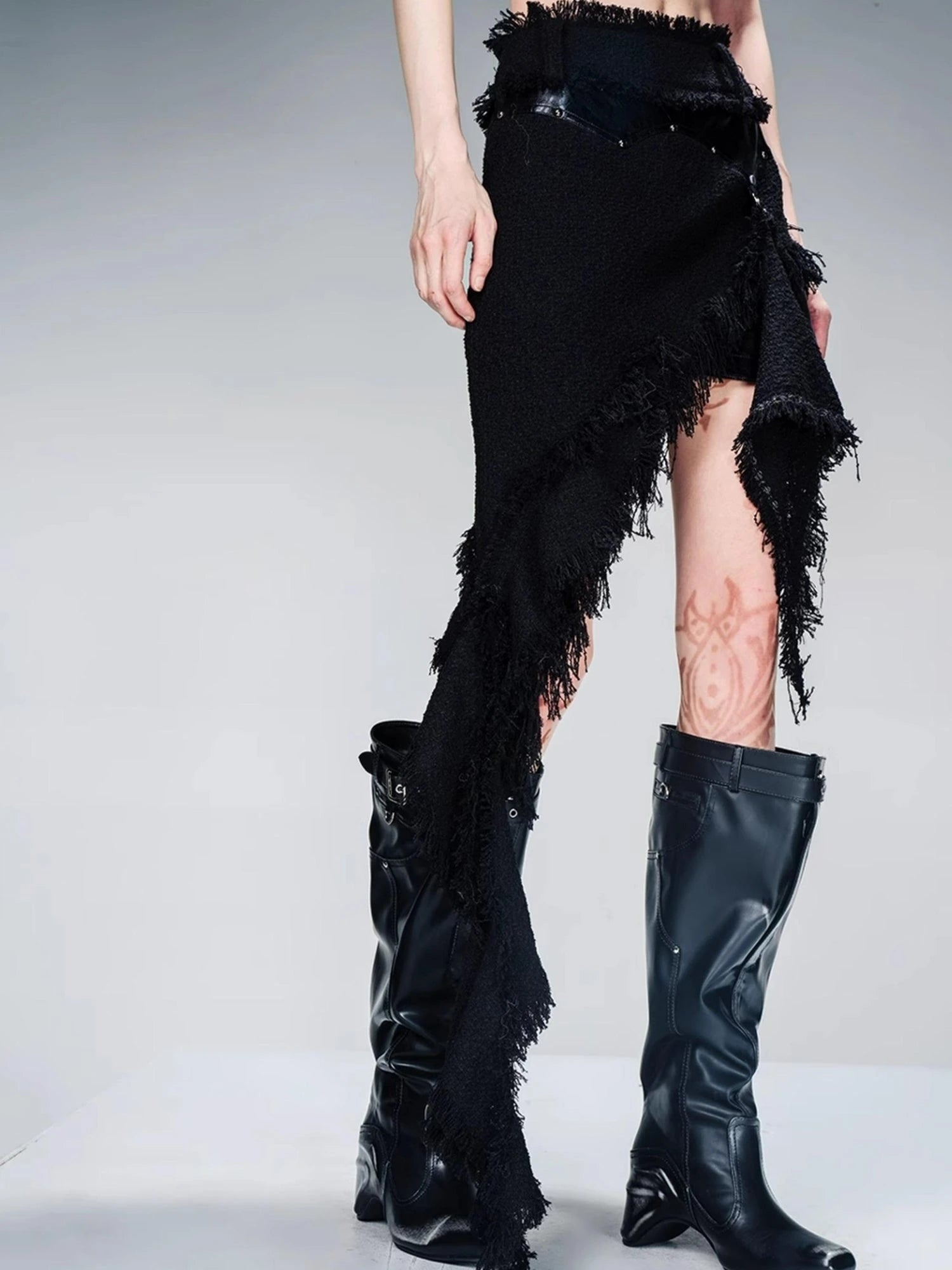 Fringed Tweed Set Edgy Jacket Asymmetric Skirt