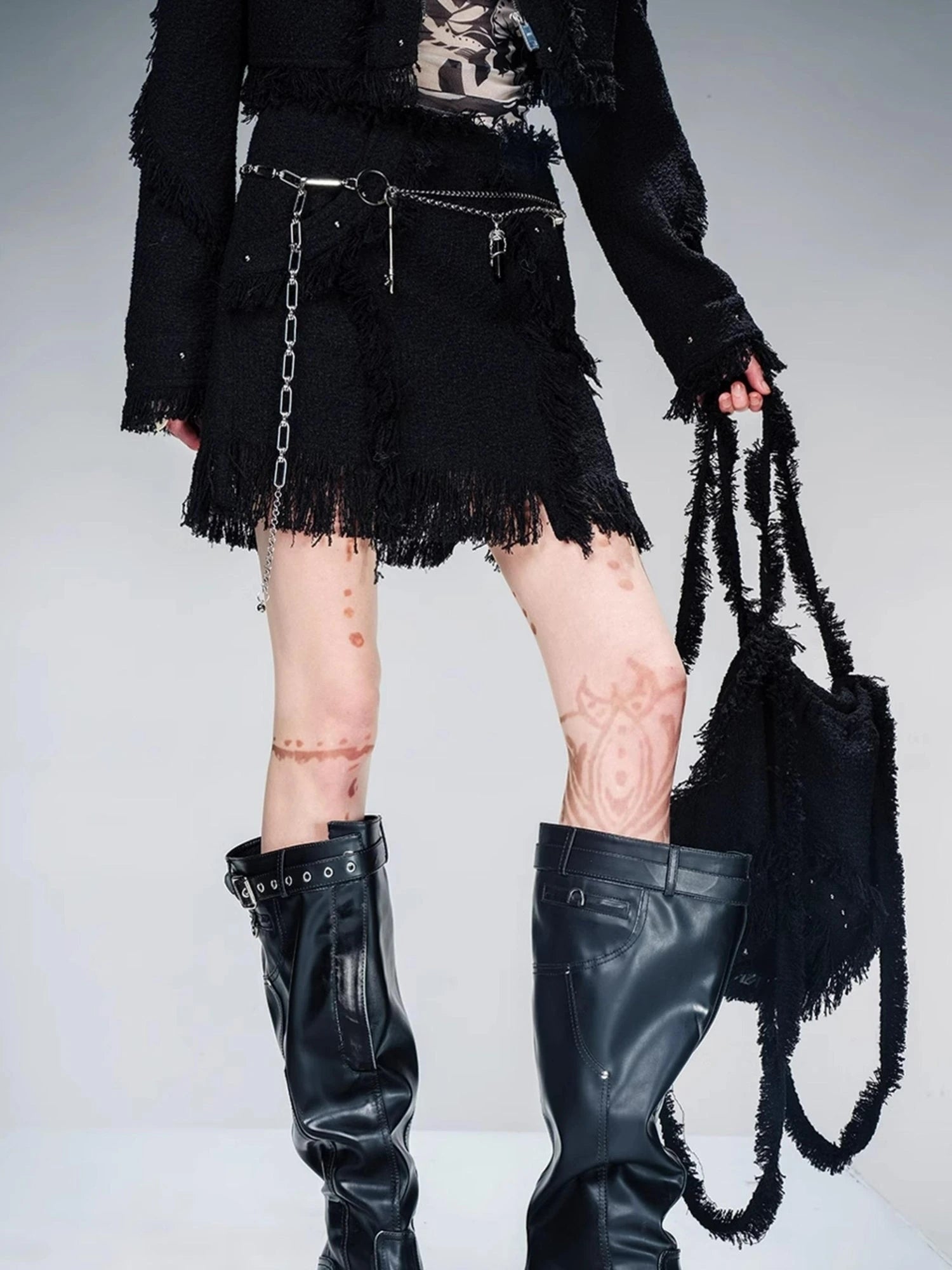 Fringed Tweed Set Edgy Jacket Asymmetric Skirt