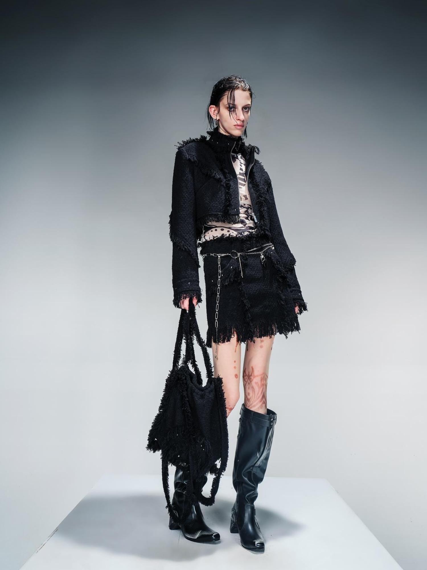 NN NORTH NODE Fringed Tweed Set Edgy Jacket Asymmetric Skirt