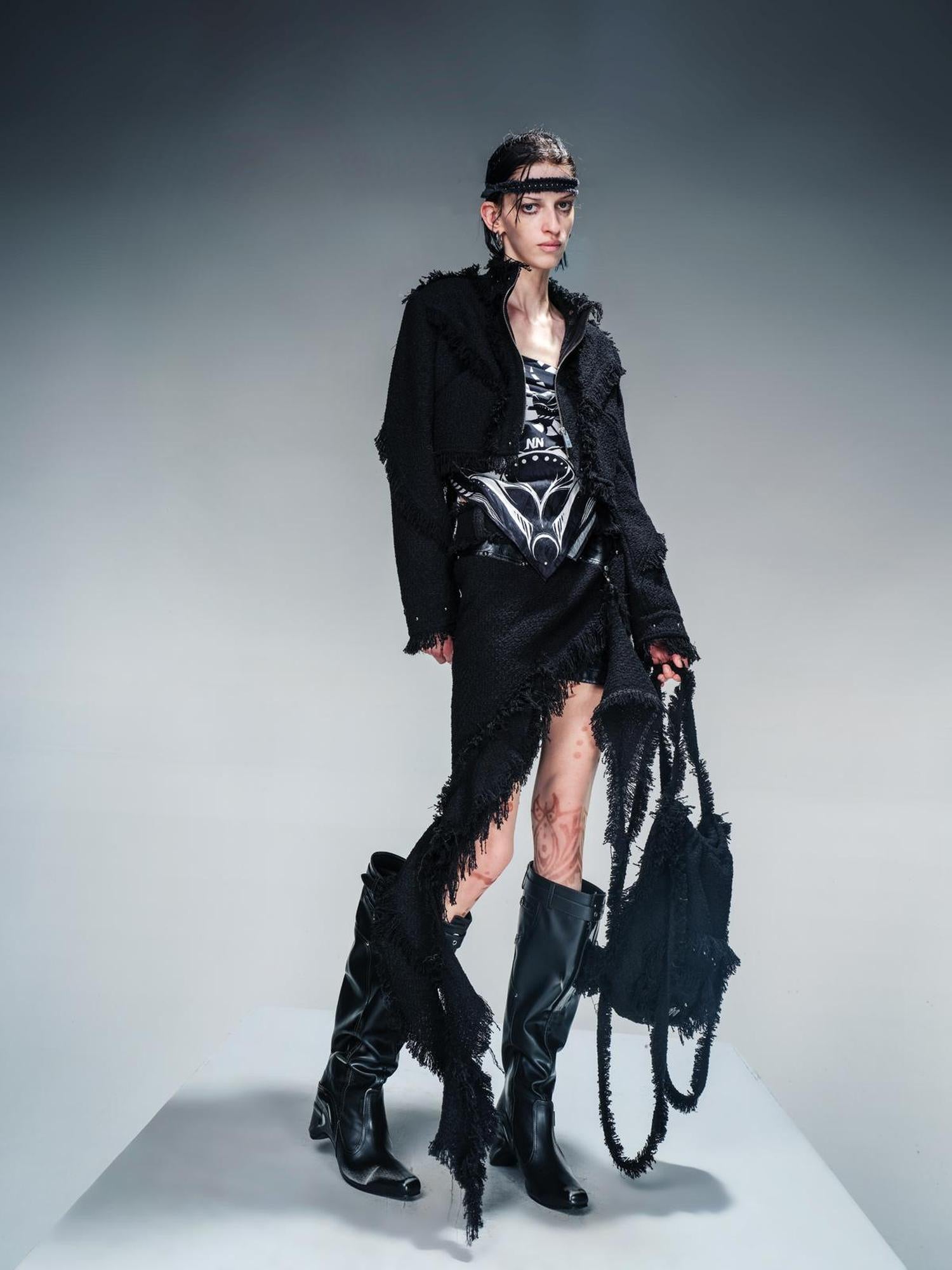 NN NORTH NODE Fringed Tweed Set Edgy Jacket Asymmetric Skirt