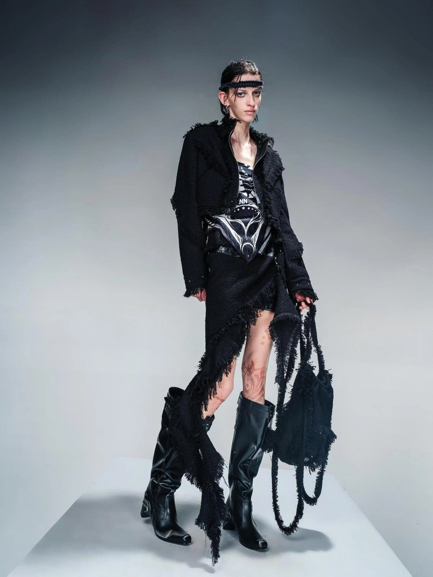 Fringed Tweed Set Edgy Jacket Asymmetric Skirt