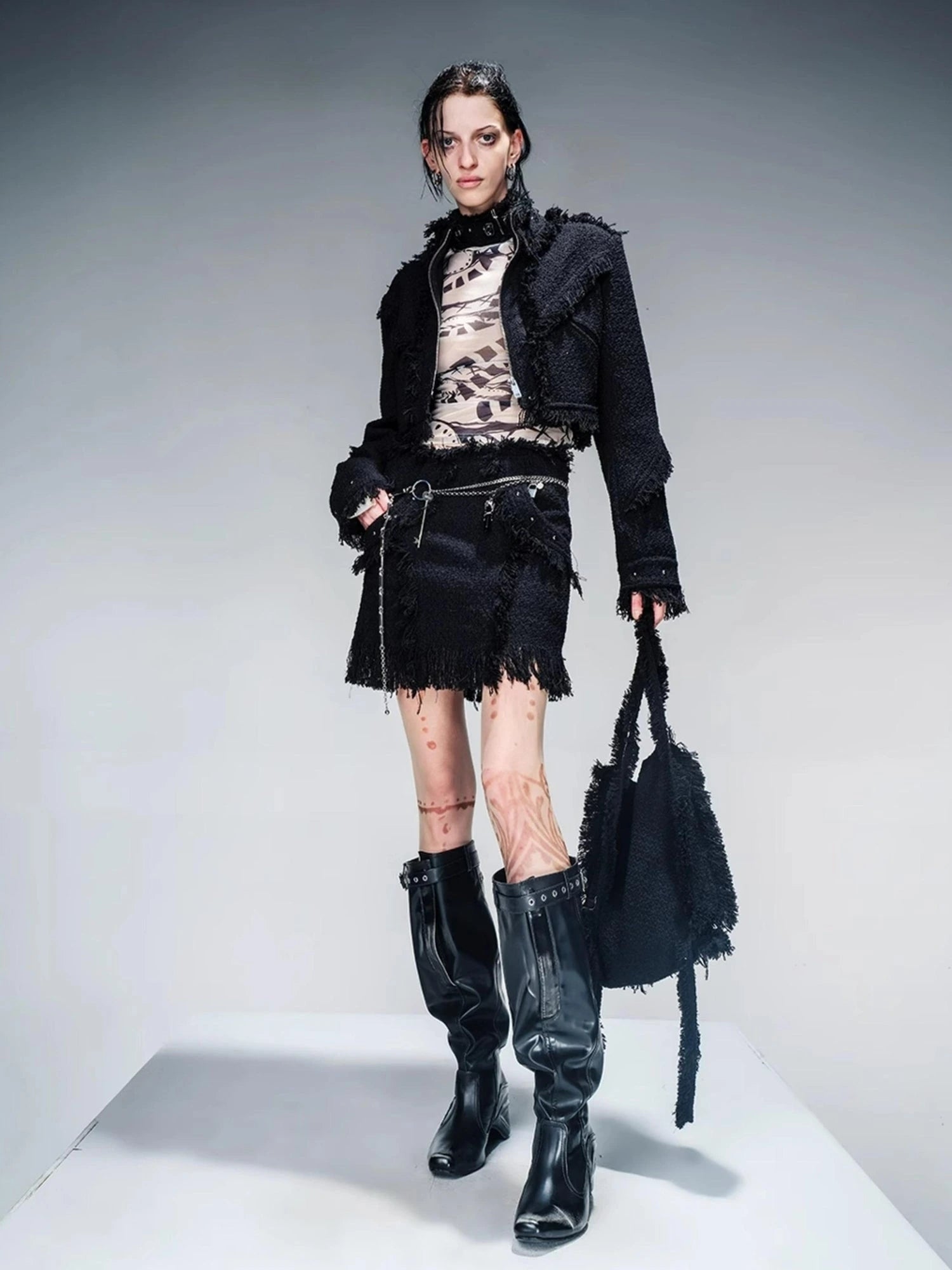 Fringed Tweed Set Edgy Jacket Asymmetric Skirt