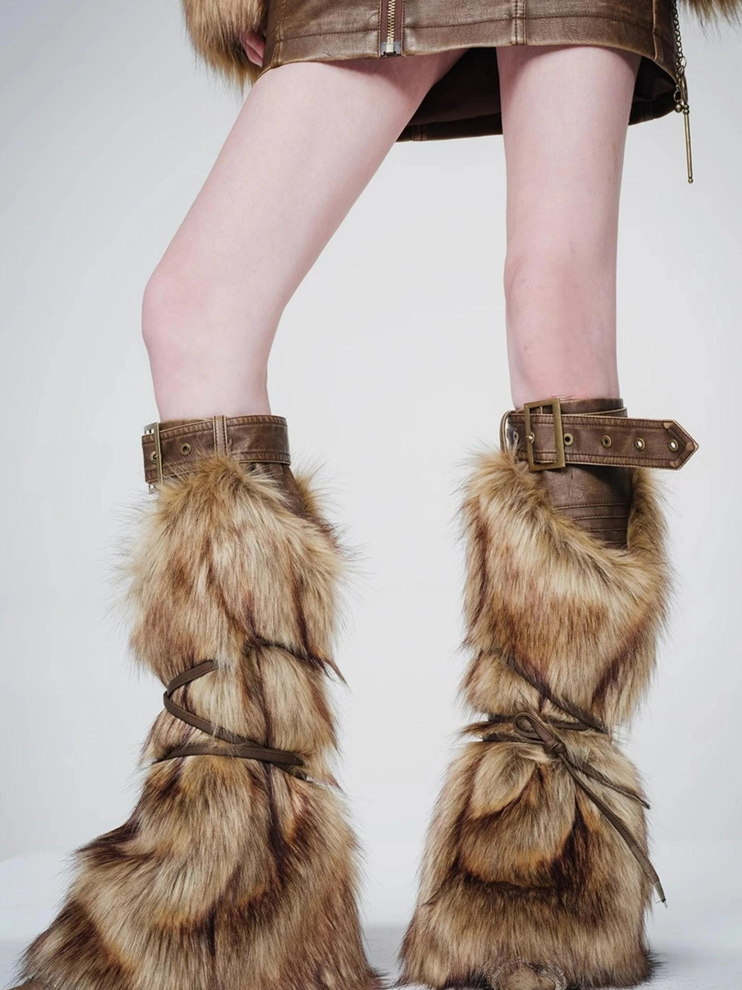 Faux Fur Leg Warmers with Adjustable Lacing