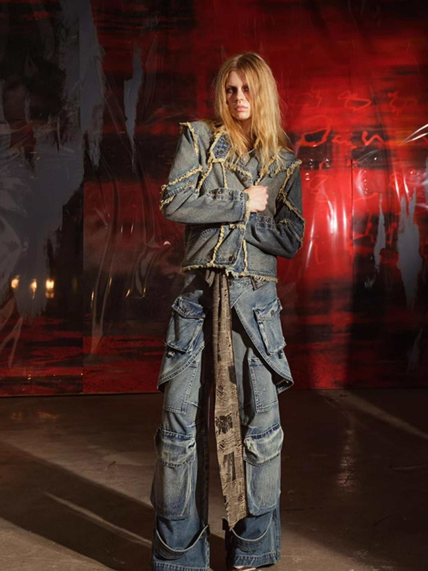 UpdateNN NORTH NODE Hand Frayed Washed Denim Short Jacket With Raw Edge Details