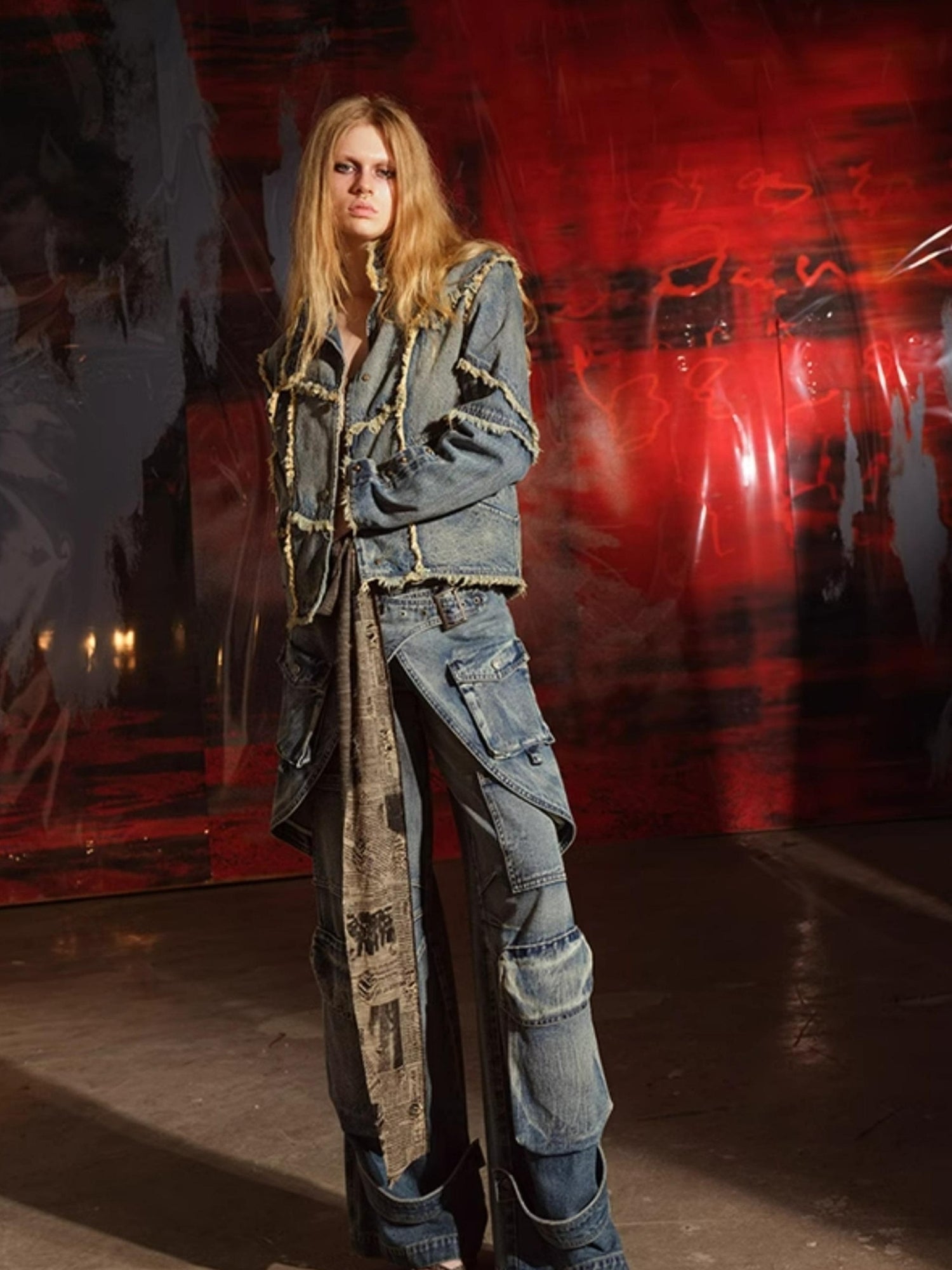UpdateNN NORTH NODE Hand Frayed Washed Denim Short Jacket With Raw Edge Details