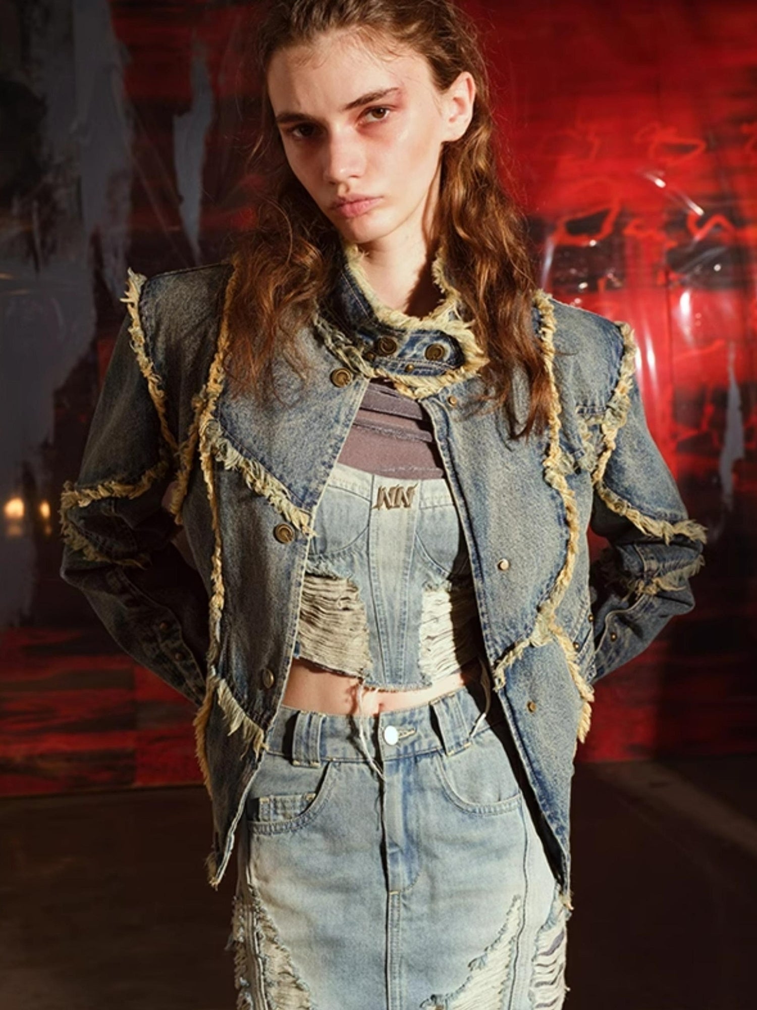 UpdateNN NORTH NODE Hand Frayed Washed Denim Short Jacket With Raw Edge Details