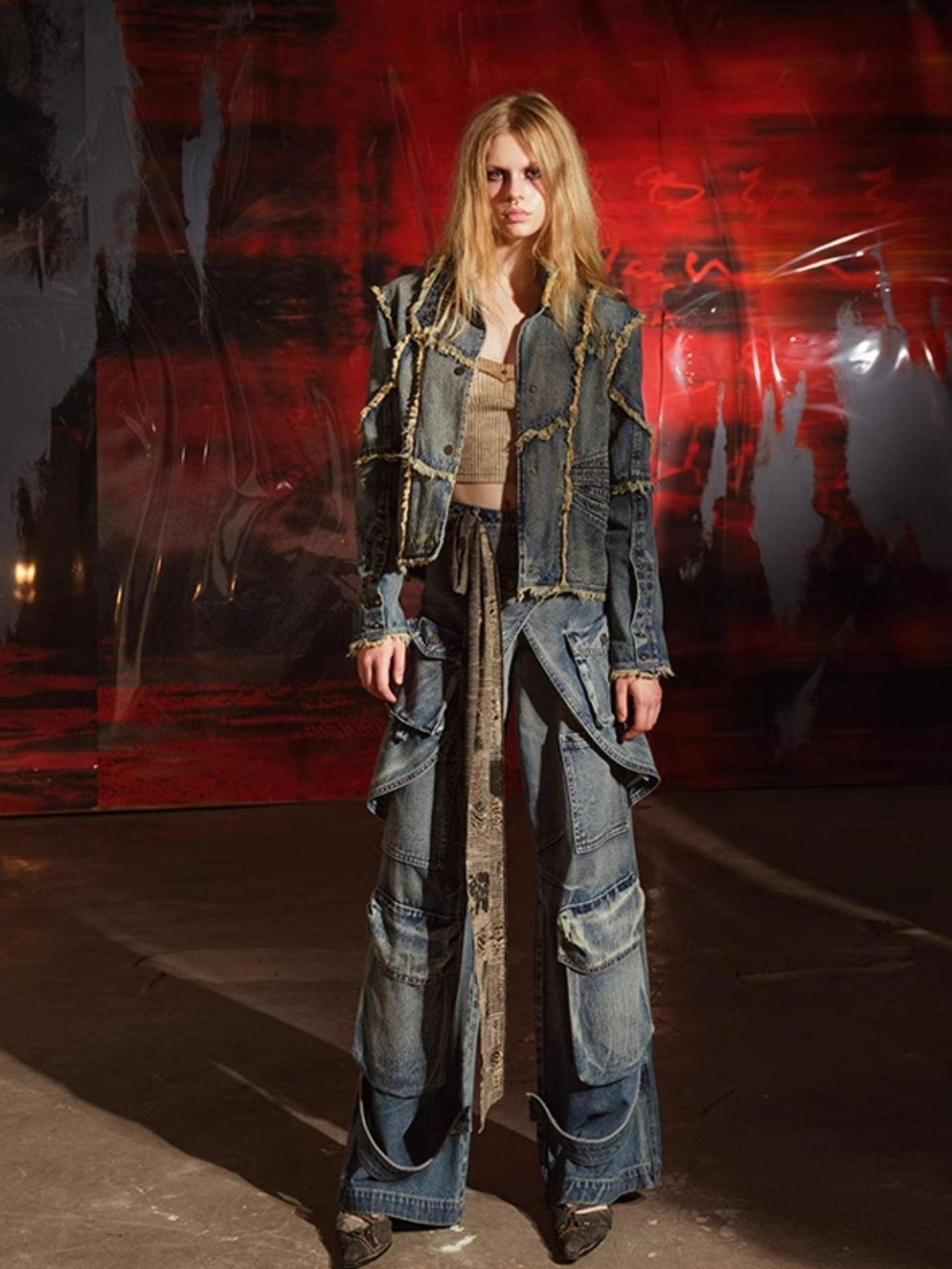 UpdateNN NORTH NODE Hand Frayed Washed Denim Short Jacket With Raw Edge Details