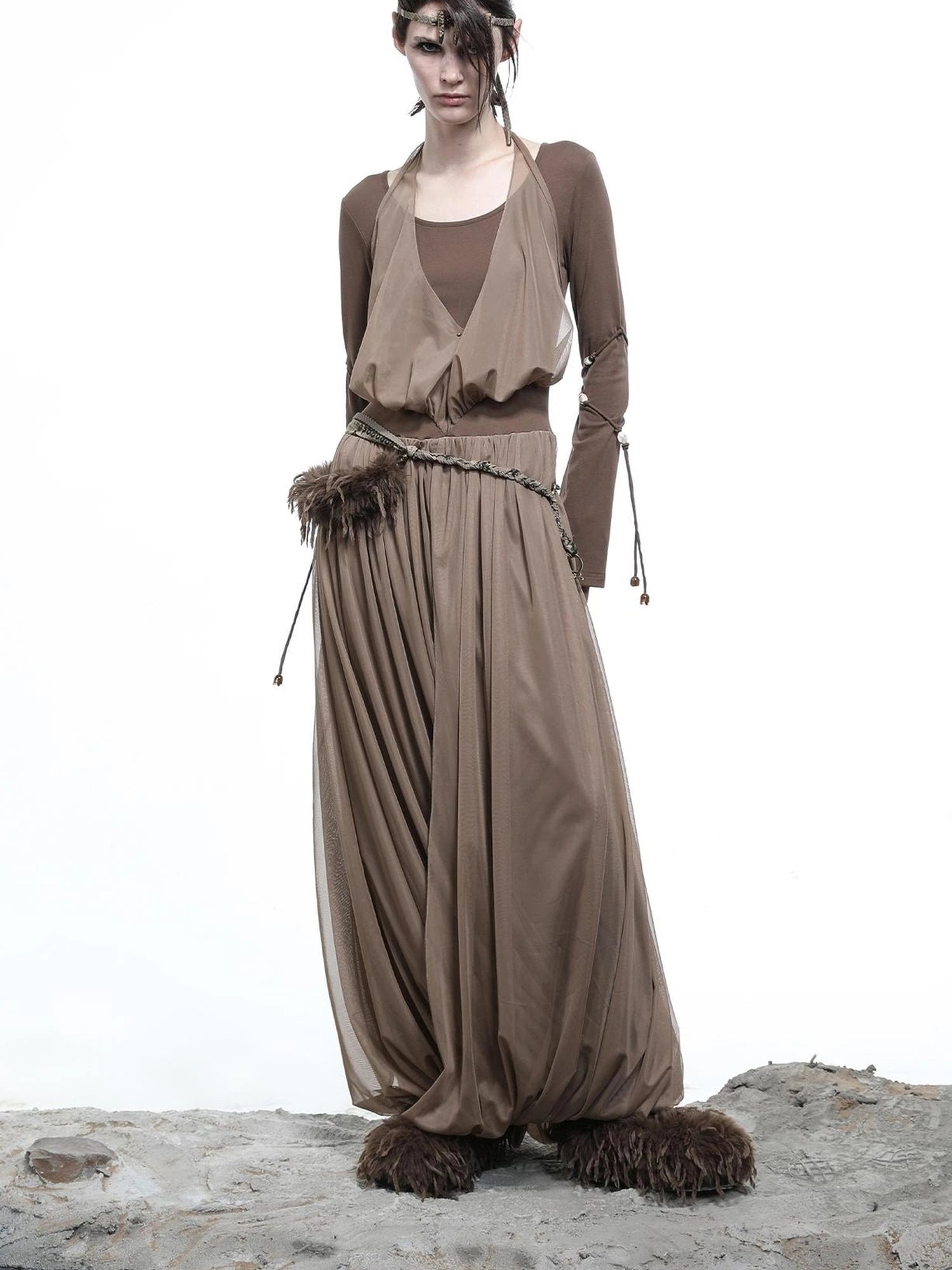 High Neck Mesh Paneled Beaded Maxi Dress with Mock Two Piece Design