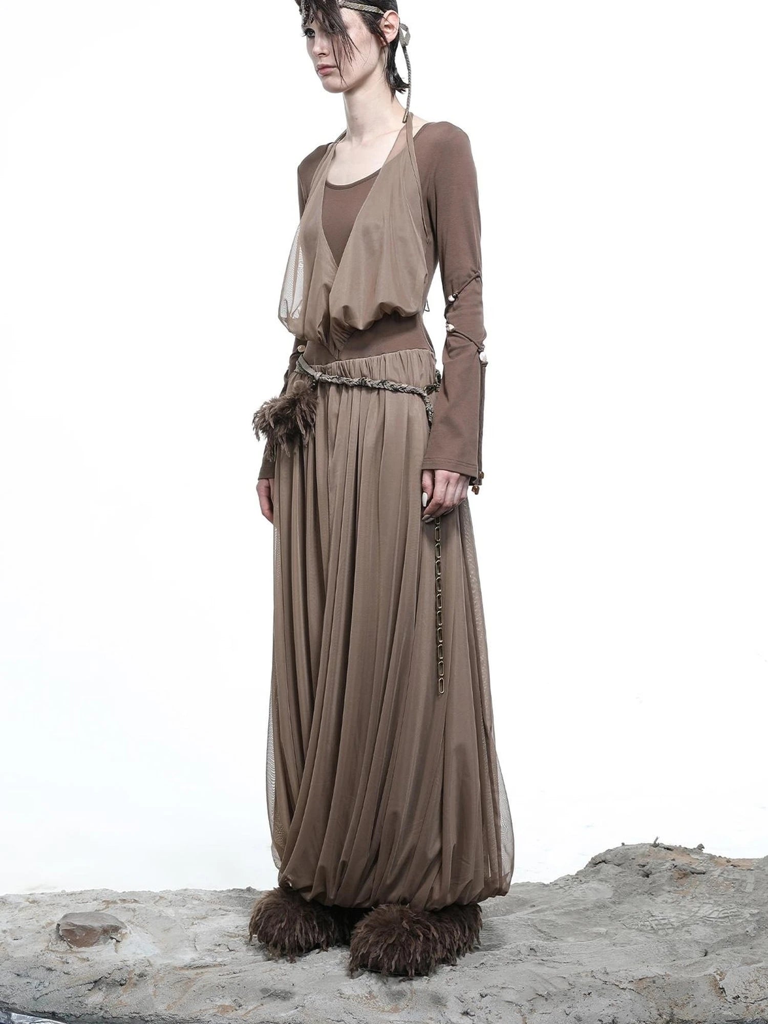 High Neck Mesh Paneled Beaded Maxi Dress with Mock Two Piece Design