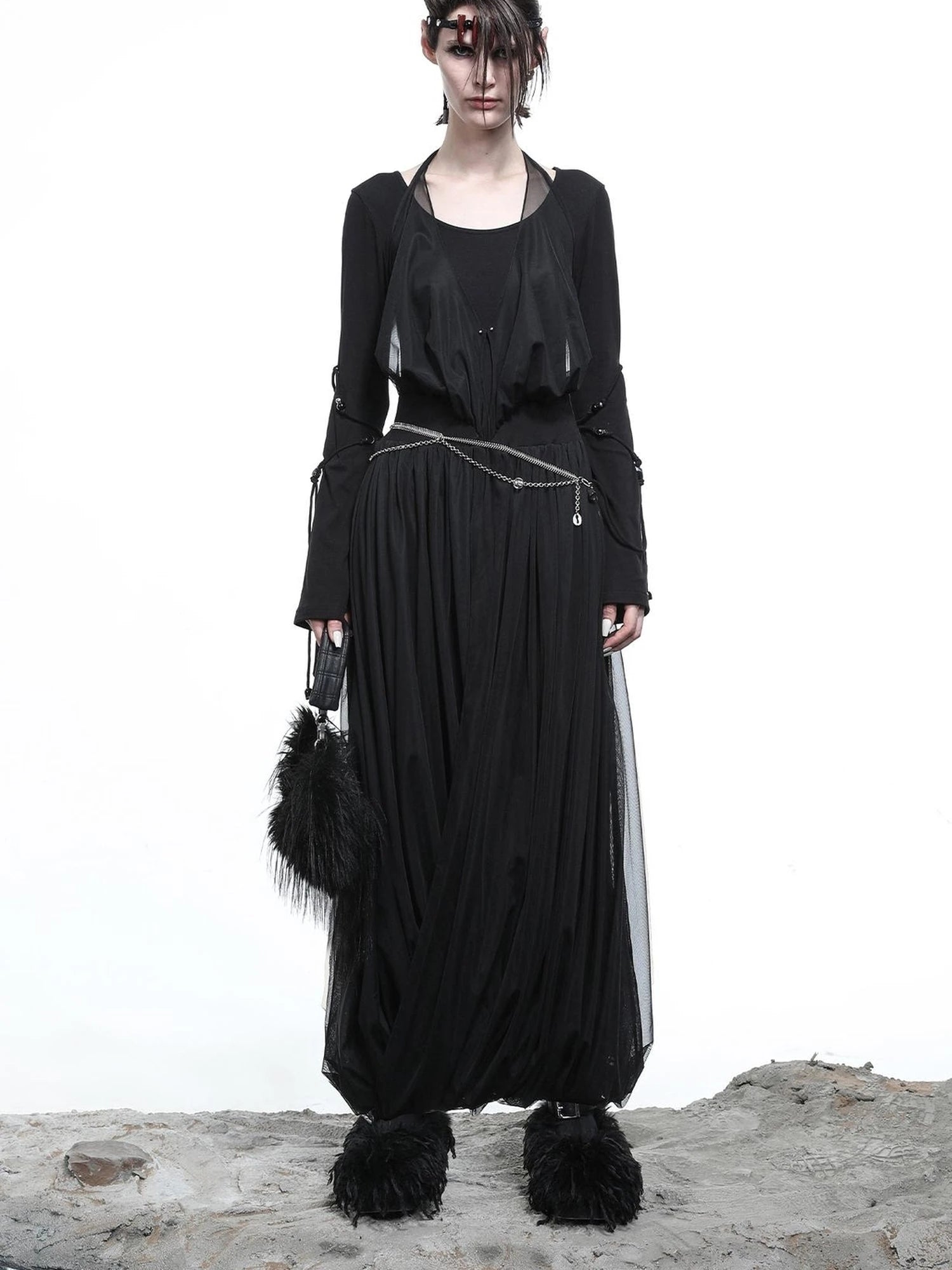 High Neck Mesh Paneled Beaded Maxi Dress with Mock Two Piece Design