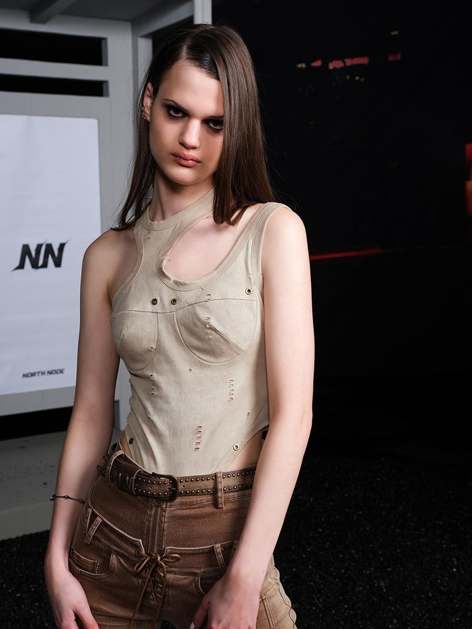 UpdateNN NORTH NODE Hollowed Out Bodysuit Vest V-neck T-shirt Long Sleeve