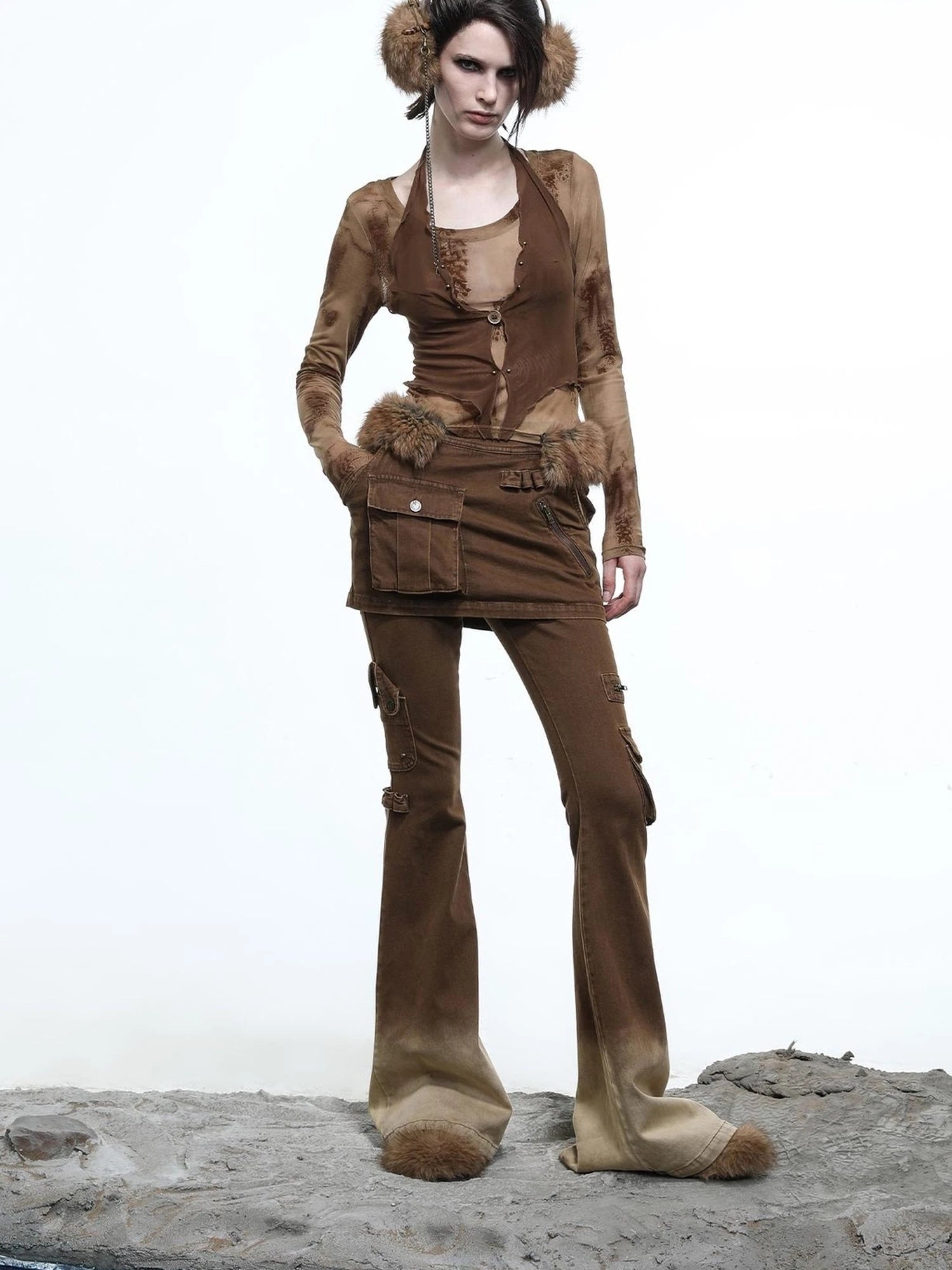 Hooded Layered Mesh Detachable Fringe T-shirt