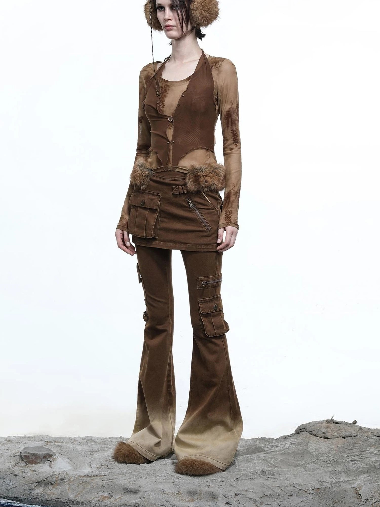 Hooded Layered Mesh Detachable Fringe T-shirt