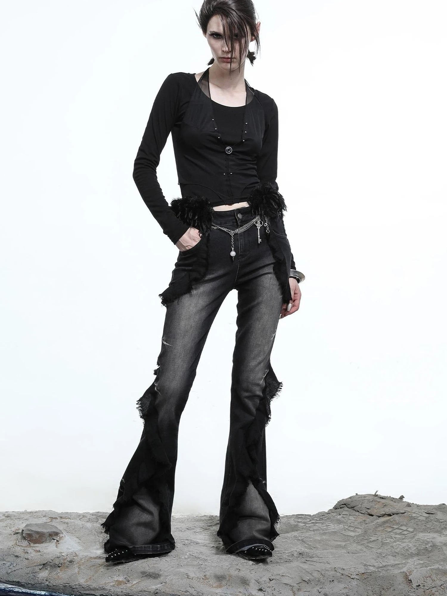 Hooded Layered Mesh Detachable Fringe T-shirt