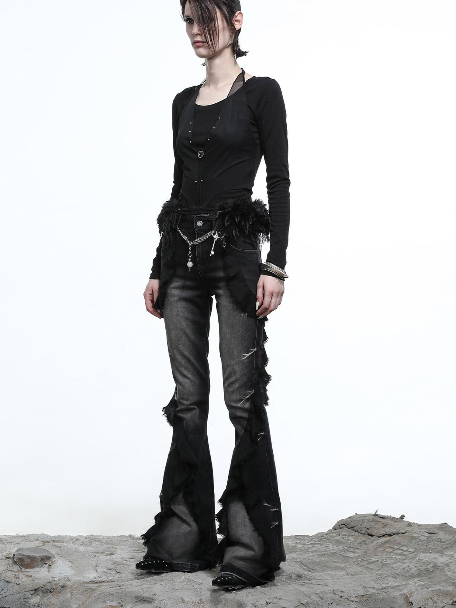 NN NORTH NODE Hooded Layered Mesh Detachable Fringe T-shirt