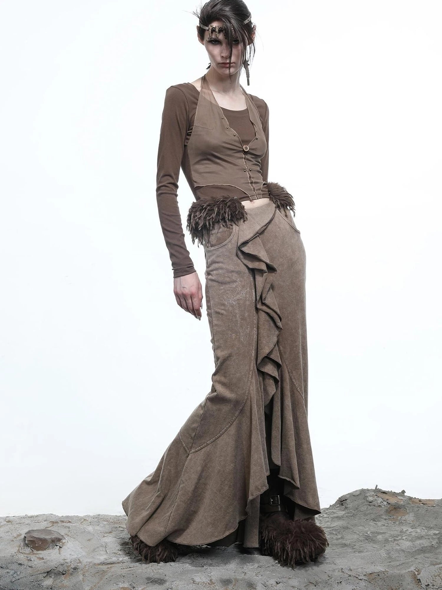 Hooded Layered Mesh Detachable Fringe T-shirt